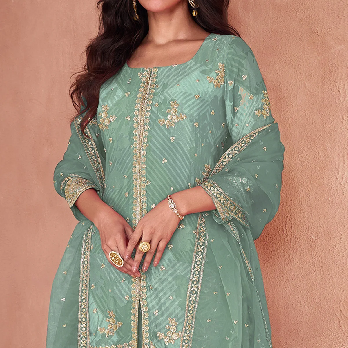 Dusty Green Sequins Embroidered Georgette Sharara Suit - Image 2