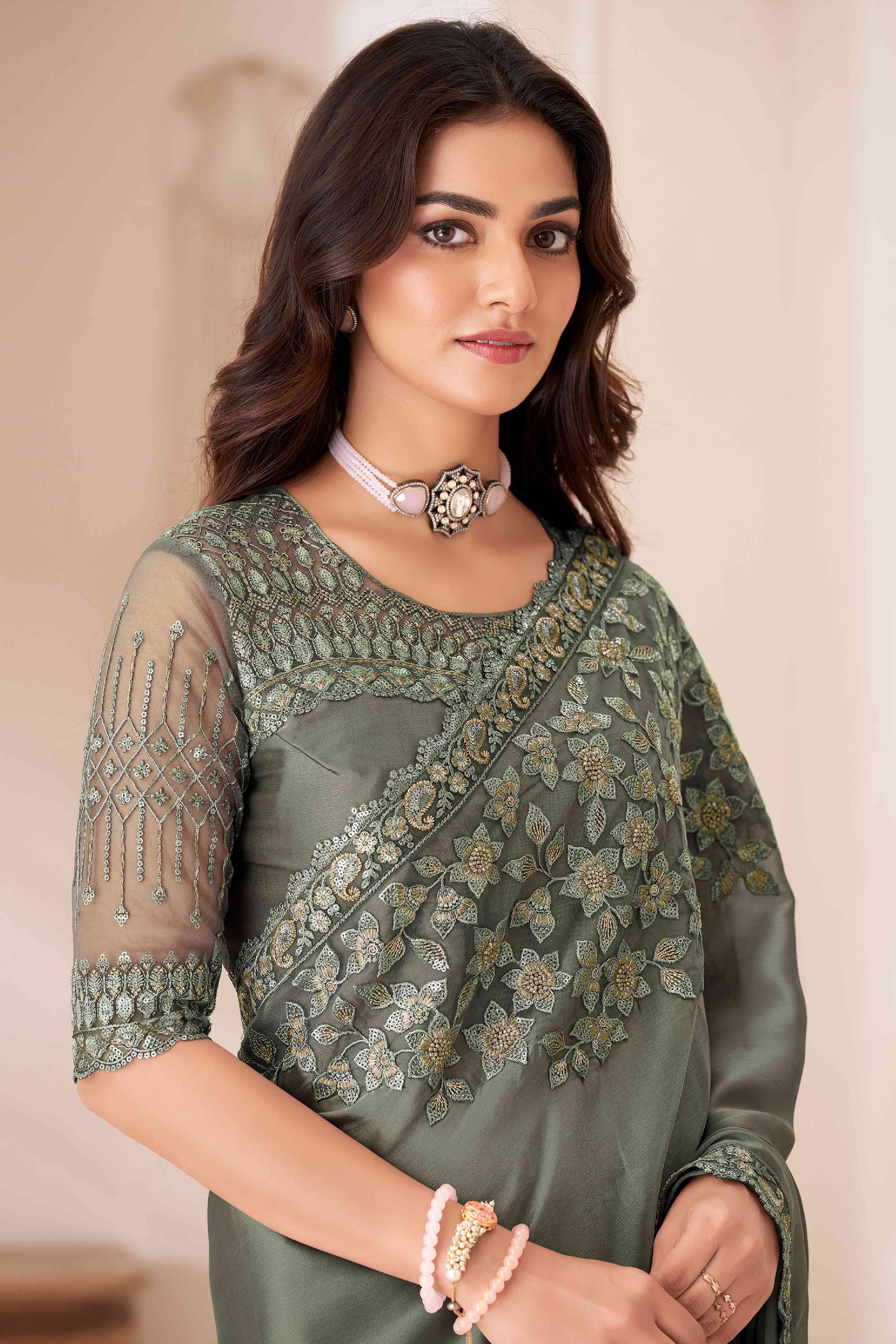 Dusty Grey Sequins Embroidered Satin Saree - Image 3