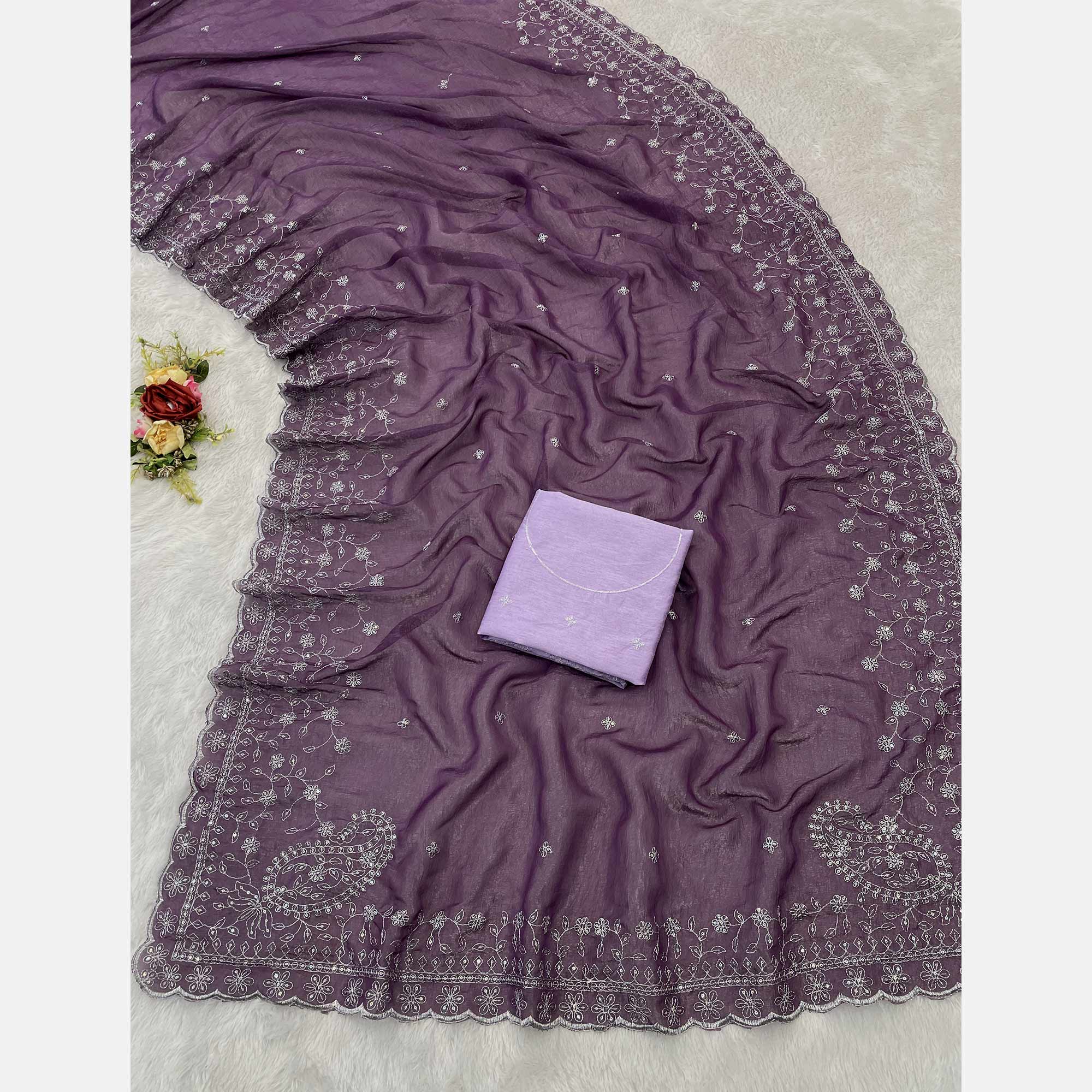 Dusty Lavender Silk Blend Crush Saree Adorned With Floral Thread Embroidery & Sequins - Image 3