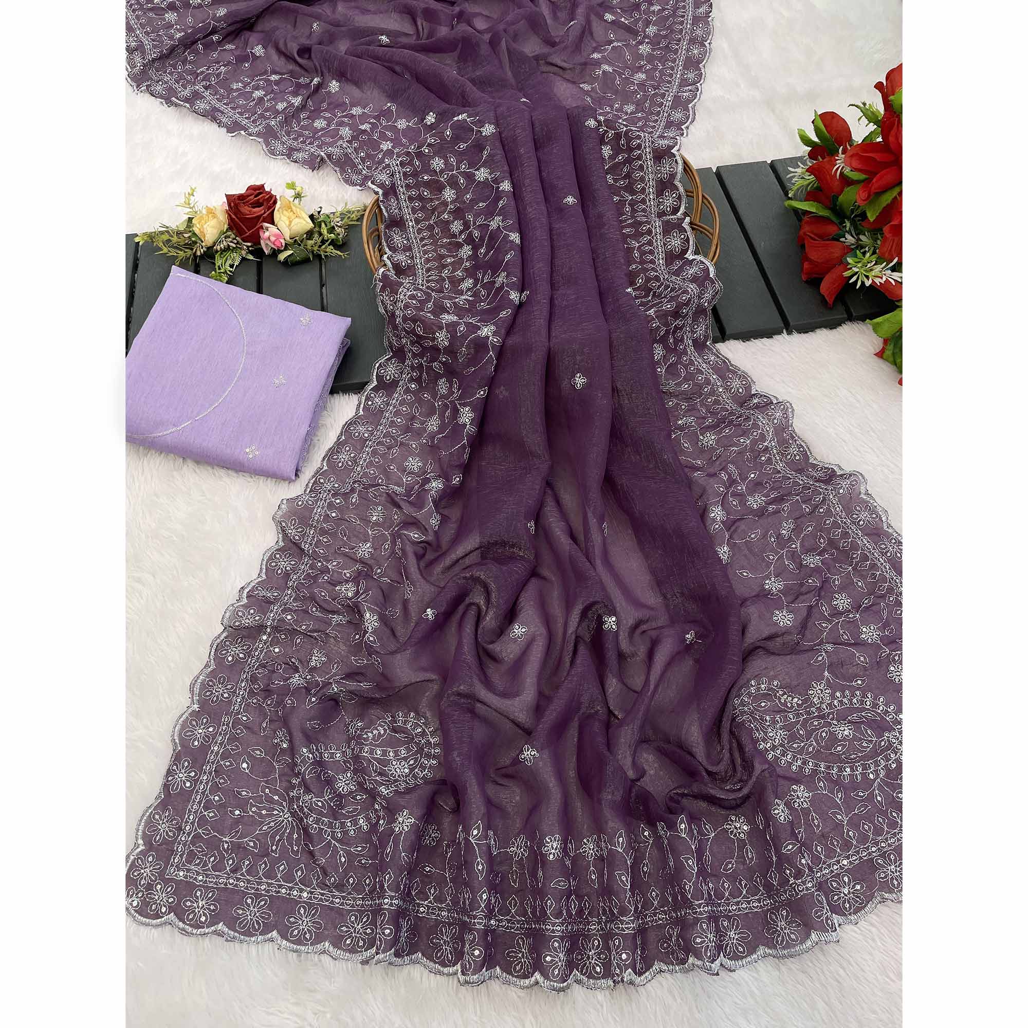 Dusty Lavender Silk Blend Crush Saree Adorned With Floral Thread Embroidery & Sequins - Image 4