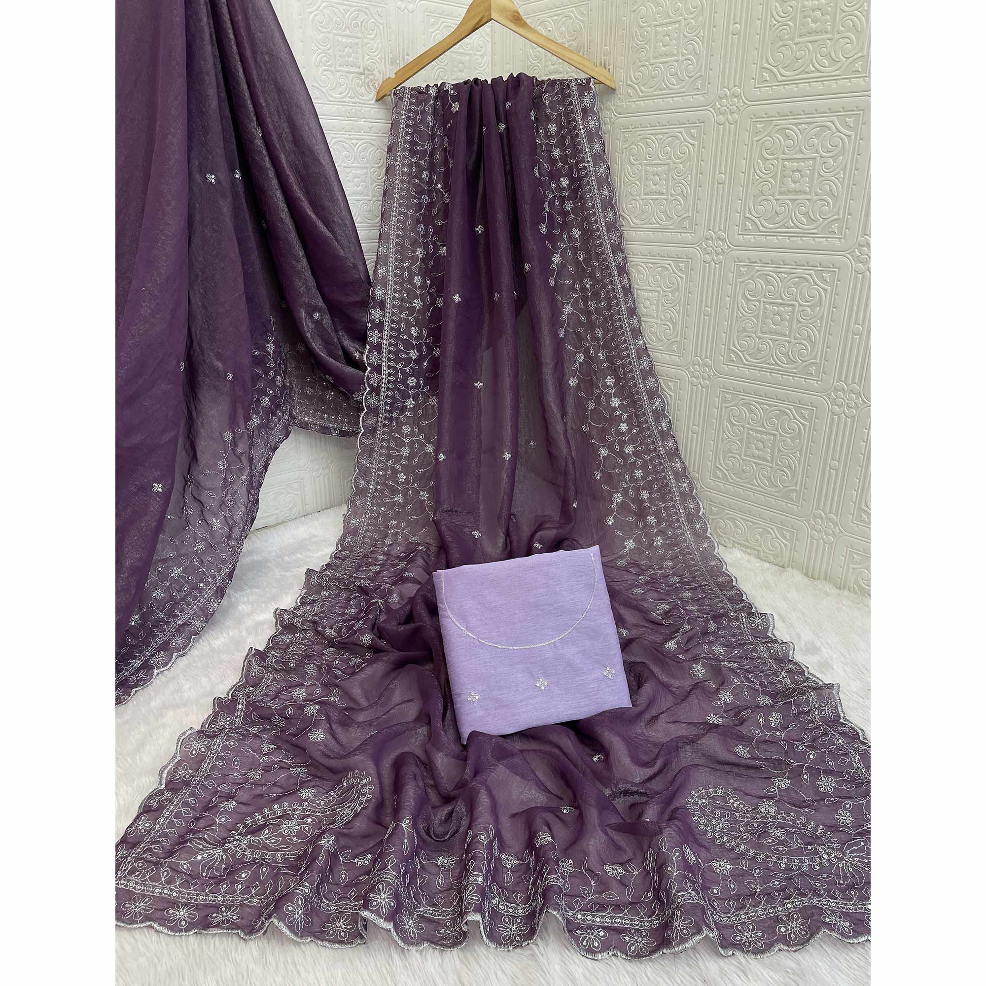 Dusty Lavender Silk Blend Crush Saree Adorned With Floral Thread Embroidery & Sequins - Image 5