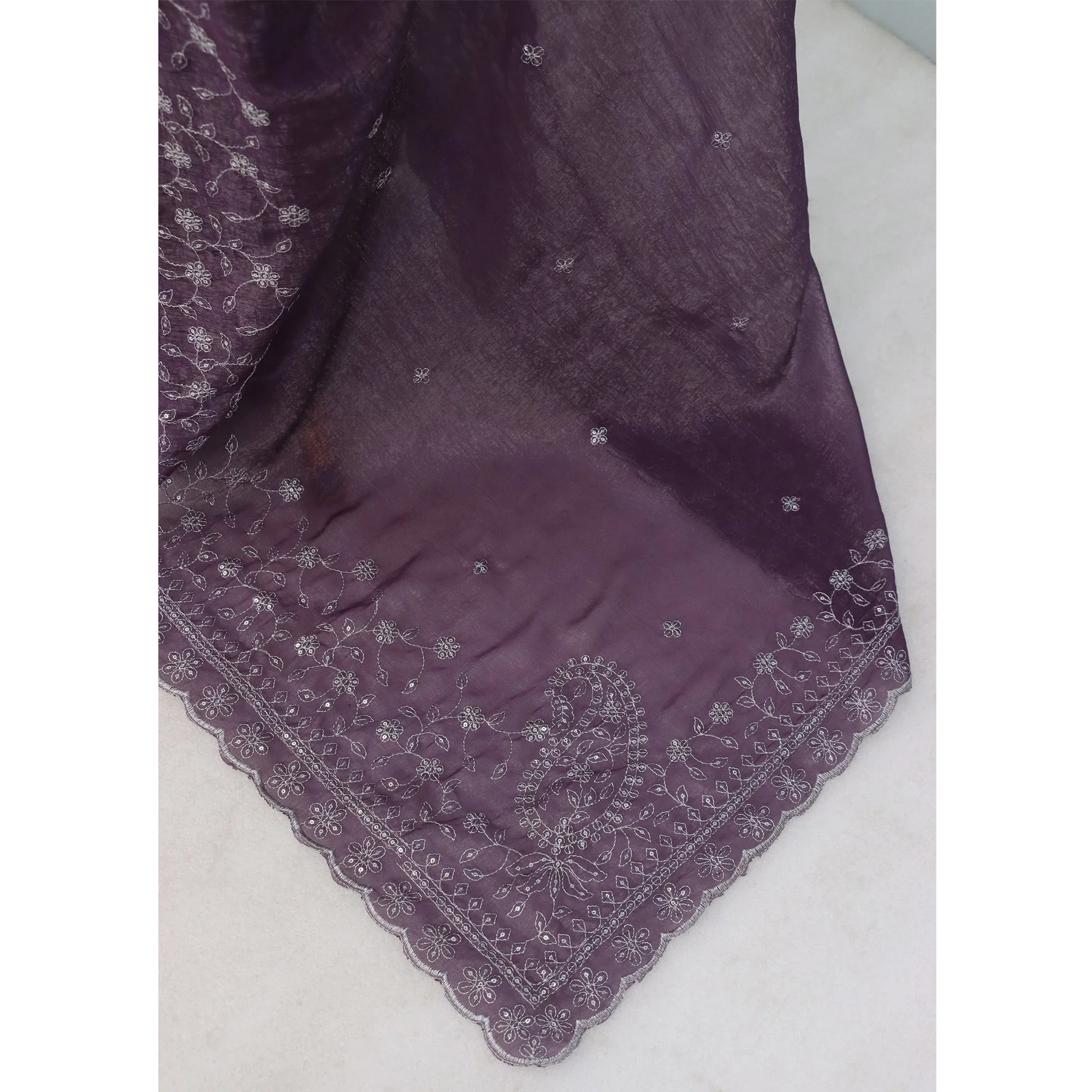 Dusty Lavender Silk Blend Crush Saree Adorned With Floral Thread Embroidery & Sequins - Image 6