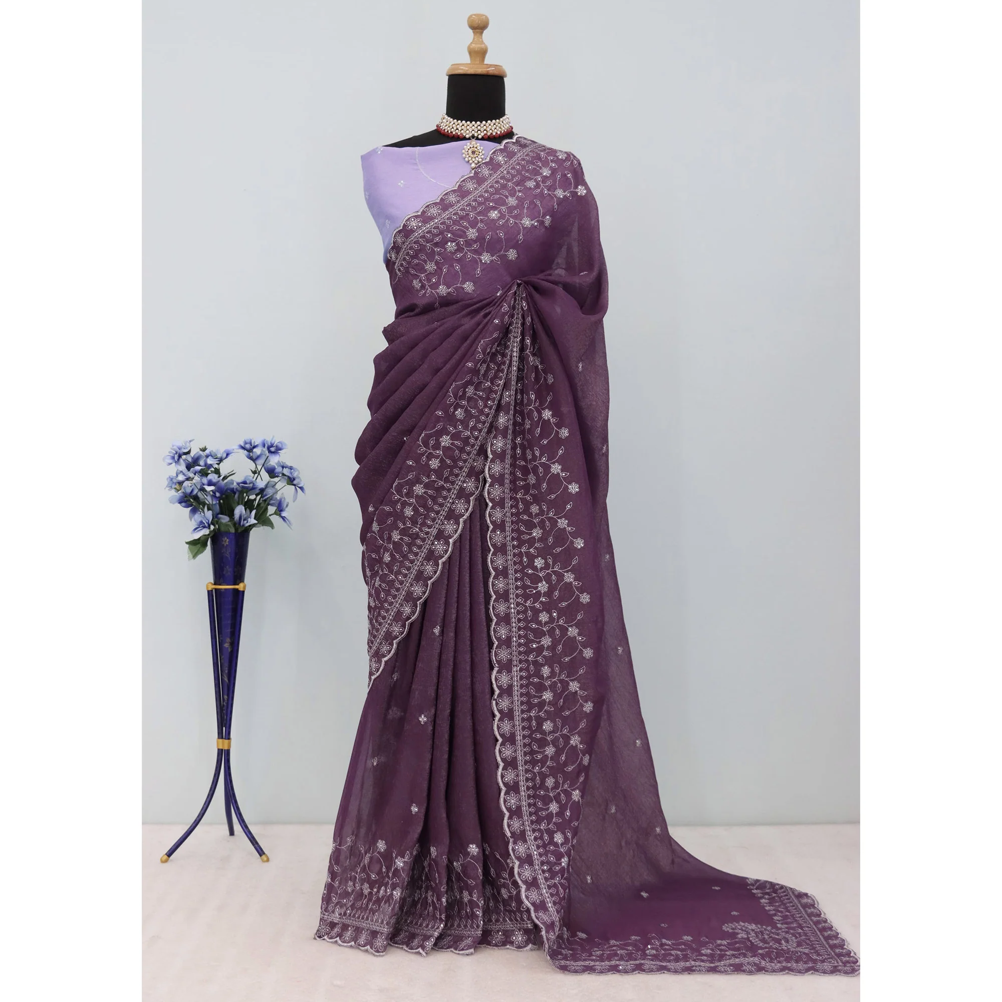 Dusty Lavender Silk Blend Crush Saree Adorned With Floral Thread Embroidery & Sequins - Image 7