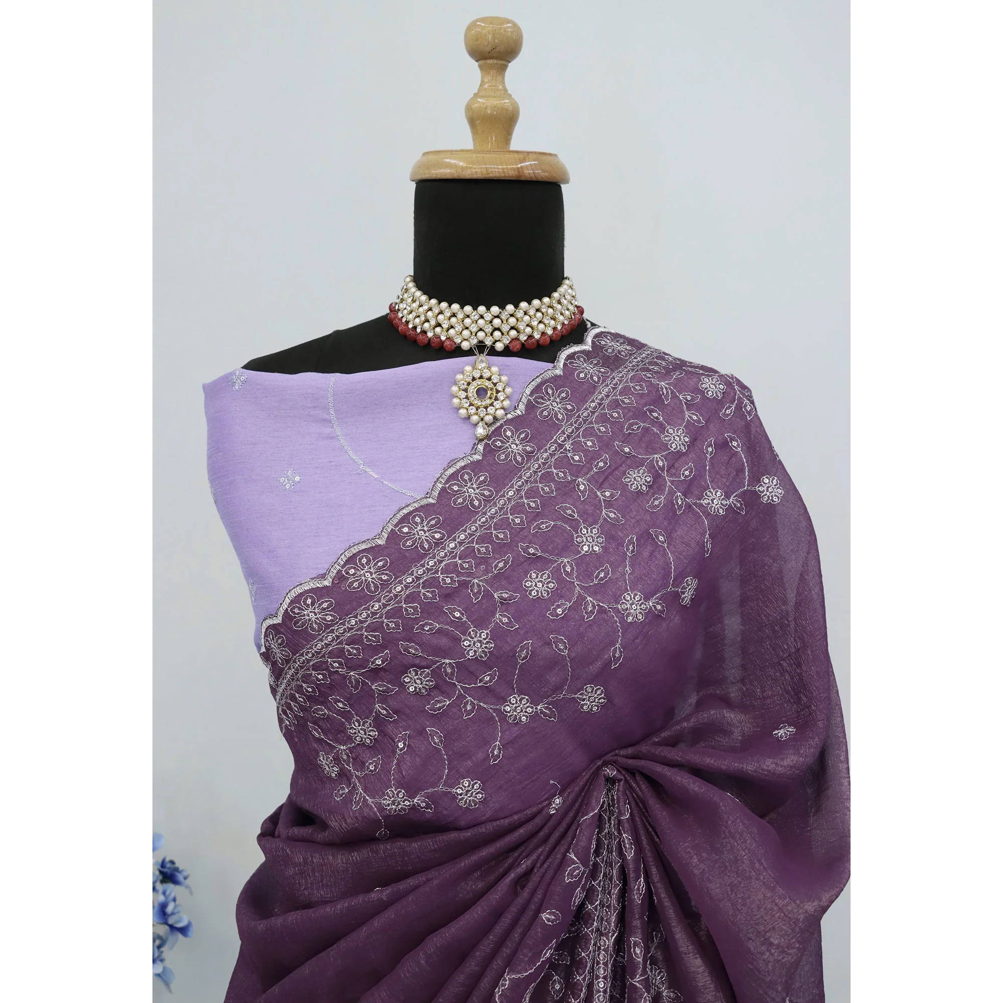 Dusty Lavender Silk Blend Crush Saree Adorned With Floral Thread Embroidery & Sequins - Image 8