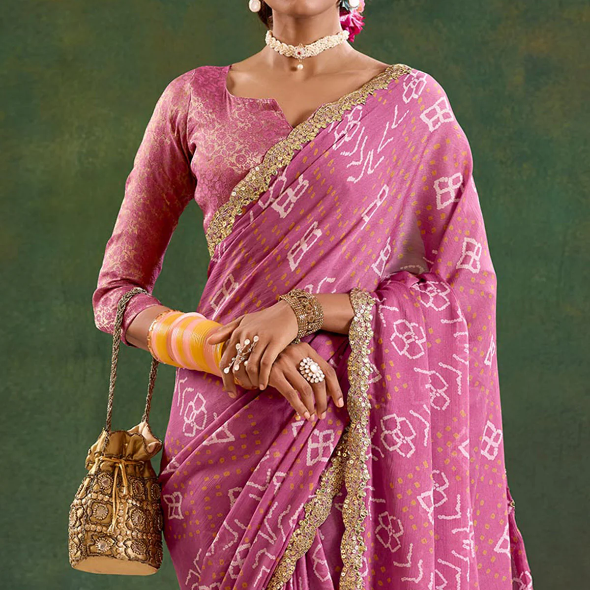 Dusty Magenta Printed Chiffon Saree With Sequins Border - Image 3
