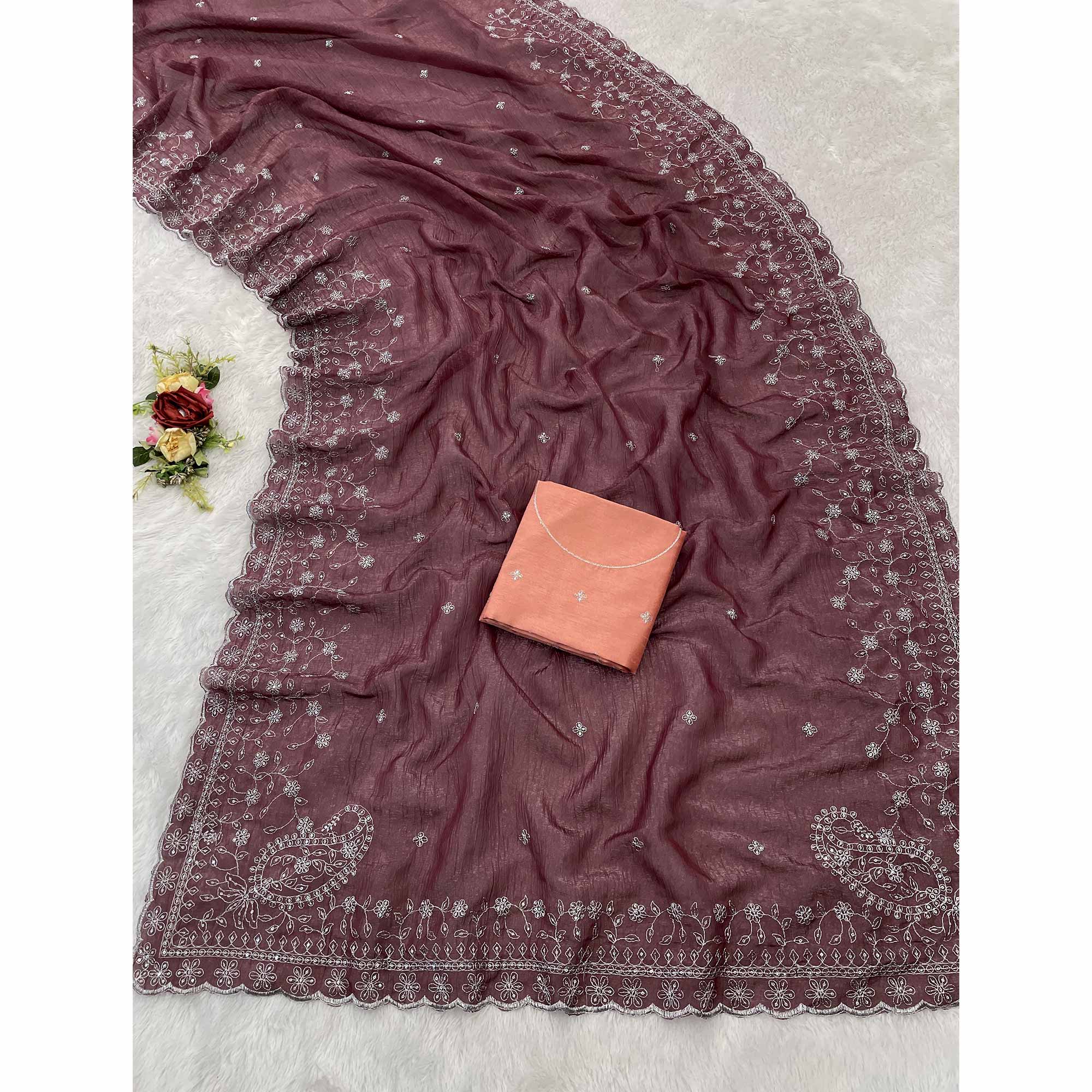 Dusty Maroon Silk Blend Crush Saree Adorned With Floral Thread Embroidery & Sequins - Image 3