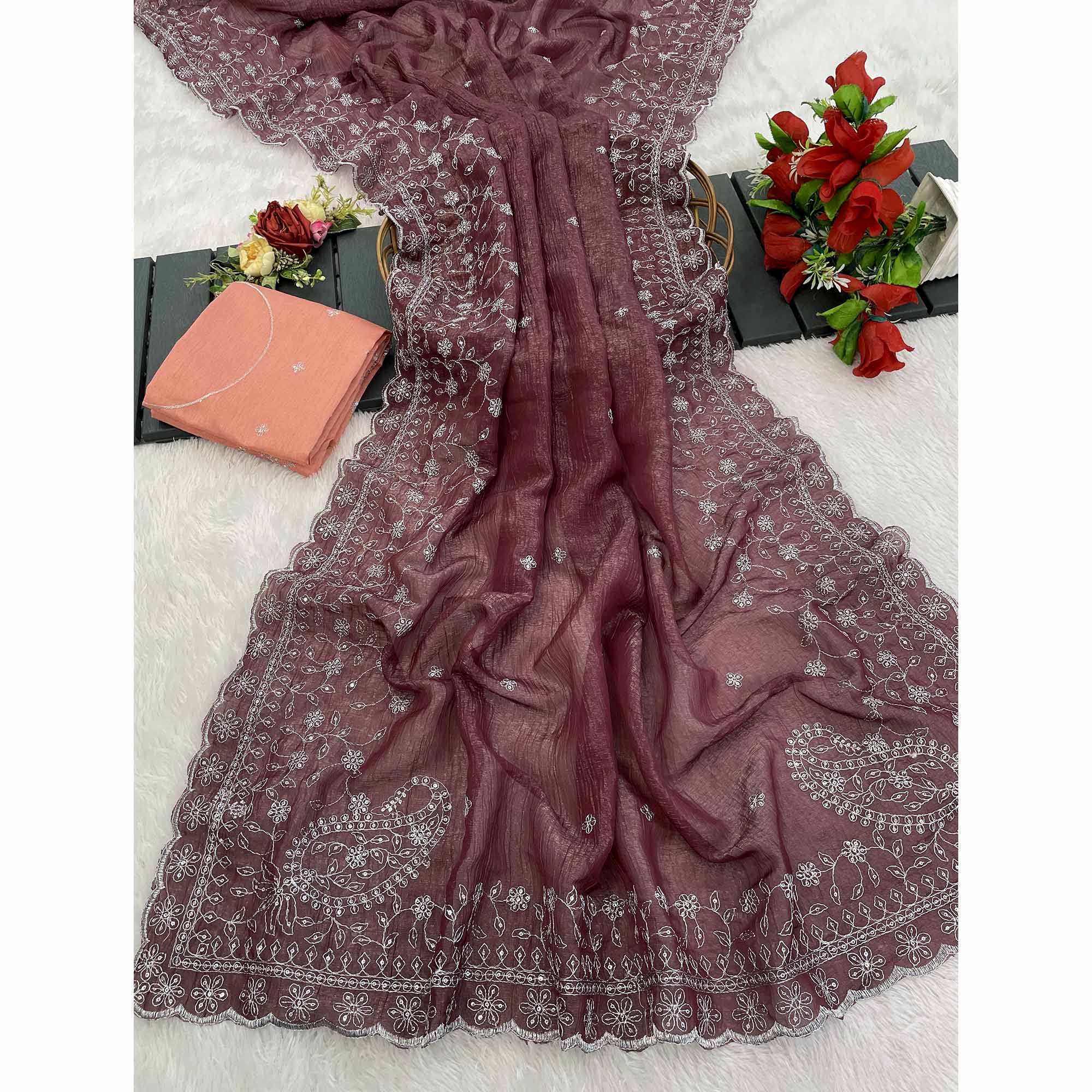 Dusty Maroon Silk Blend Crush Saree Adorned With Floral Thread Embroidery & Sequins - Image 4