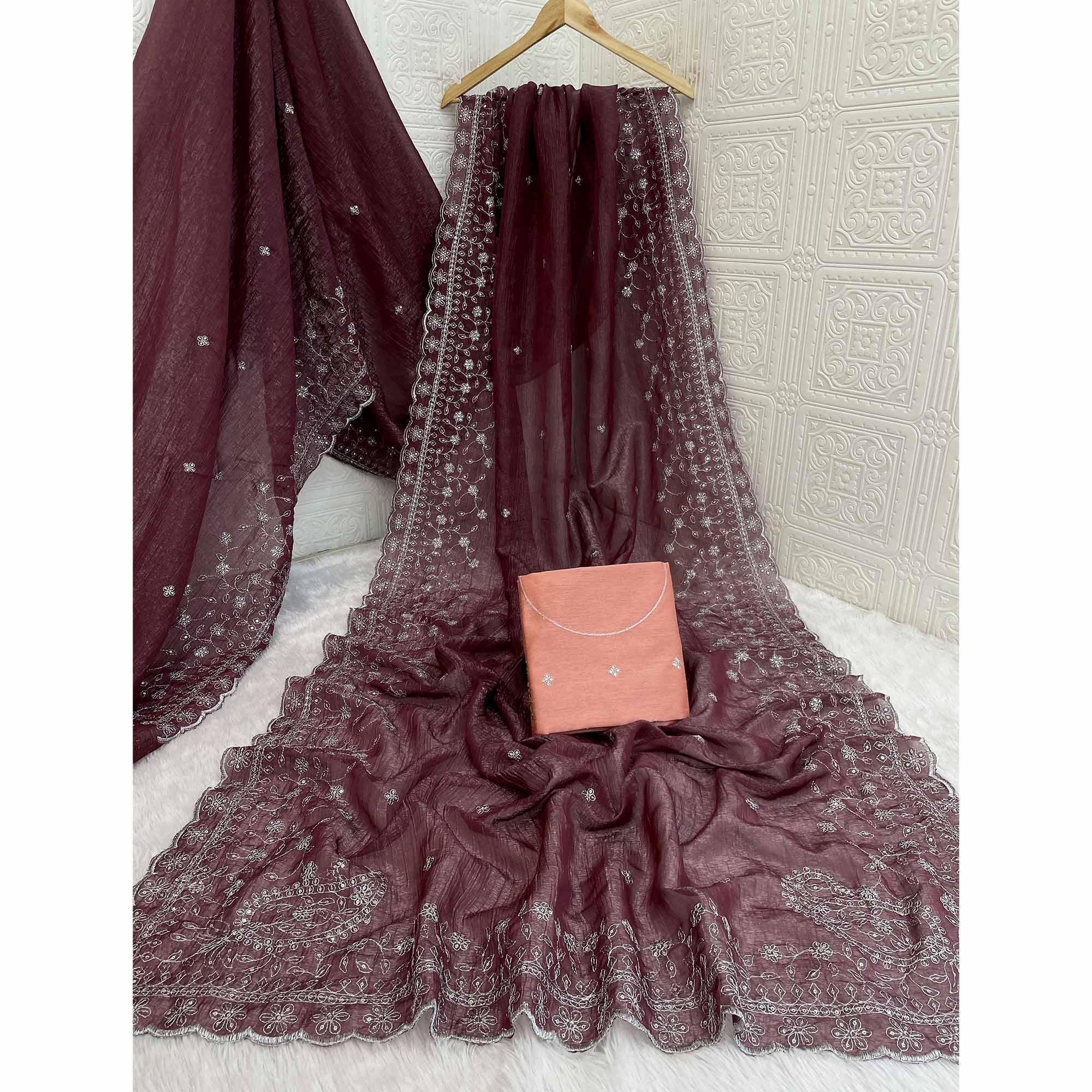 Dusty Maroon Silk Blend Crush Saree Adorned With Floral Thread Embroidery & Sequins - Image 5