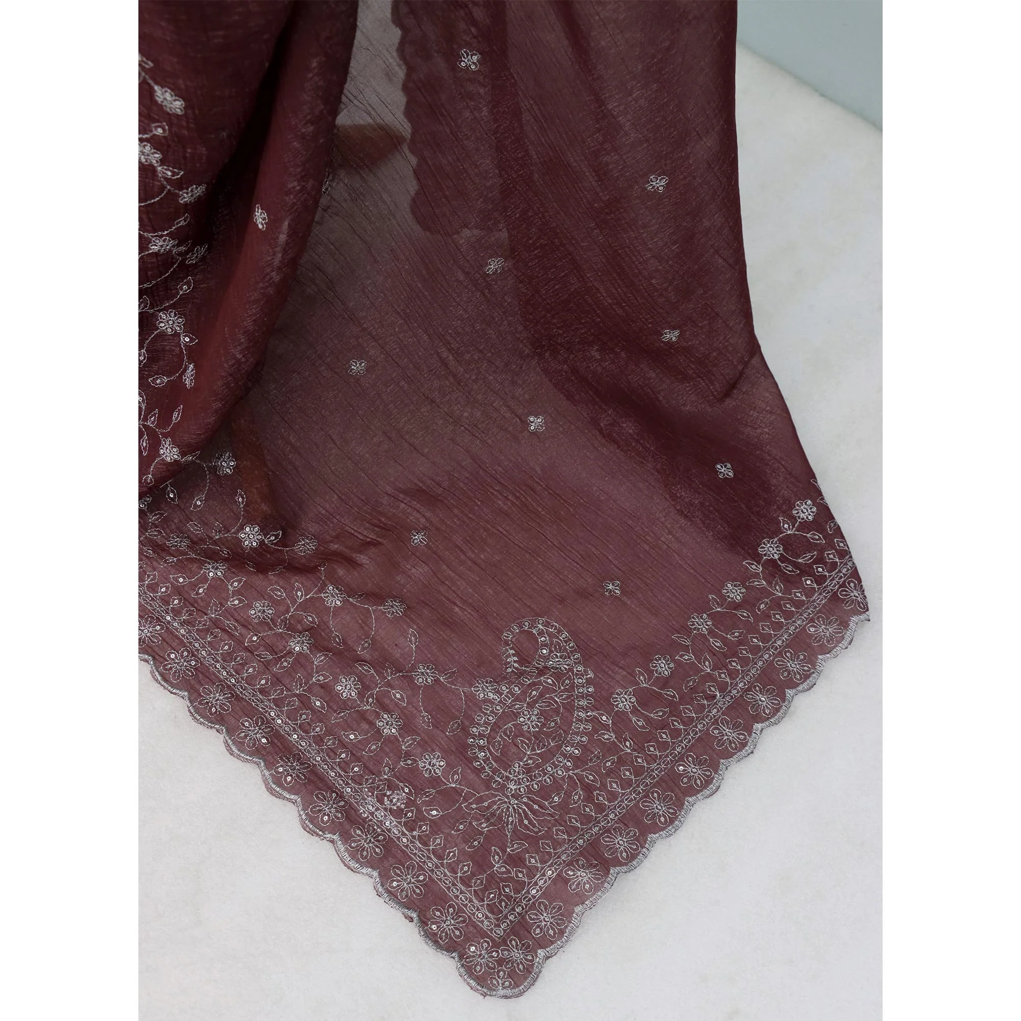 Dusty Maroon Silk Blend Crush Saree Adorned With Floral Thread Embroidery & Sequins - Image 6