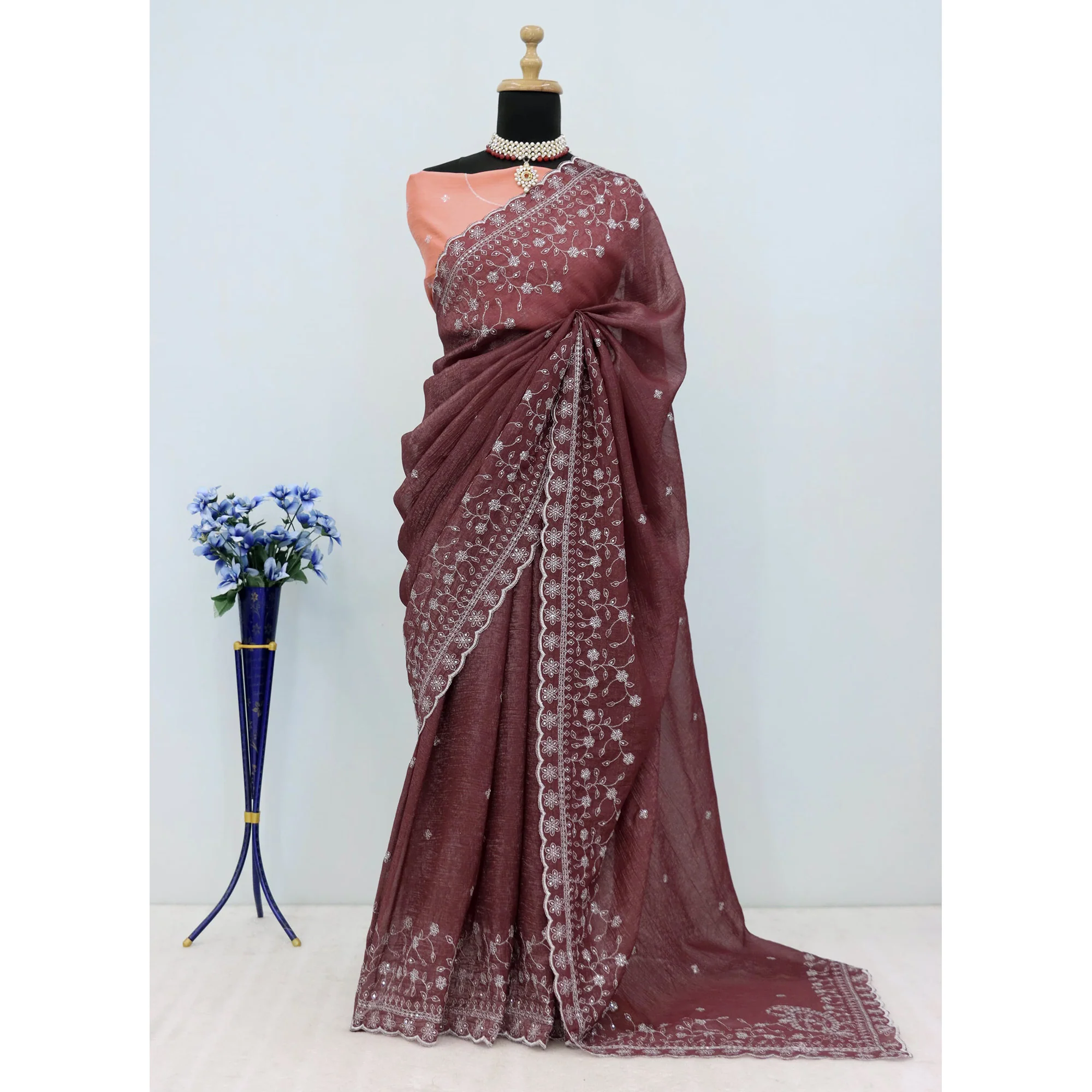 Dusty Maroon Silk Blend Crush Saree Adorned With Floral Thread Embroidery & Sequins - Image 7