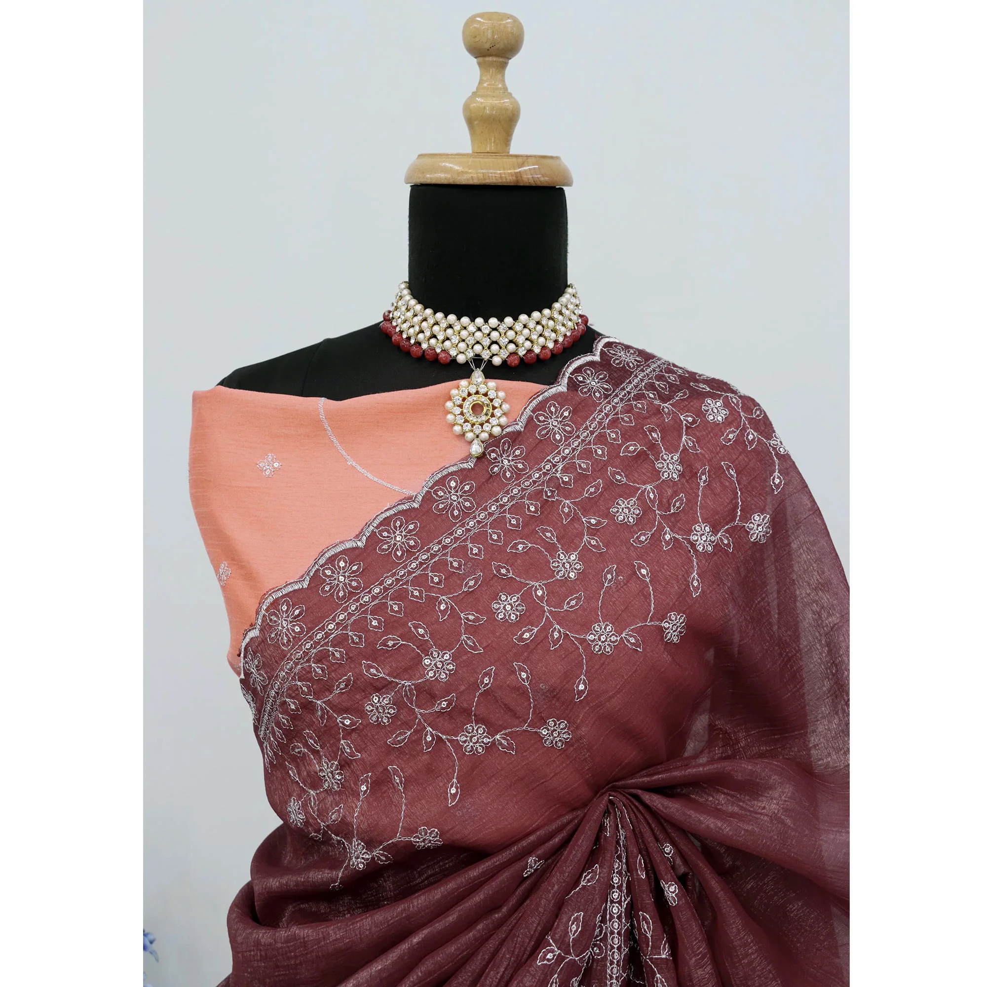 Dusty Maroon Silk Blend Crush Saree Adorned With Floral Thread Embroidery & Sequins - Image 8