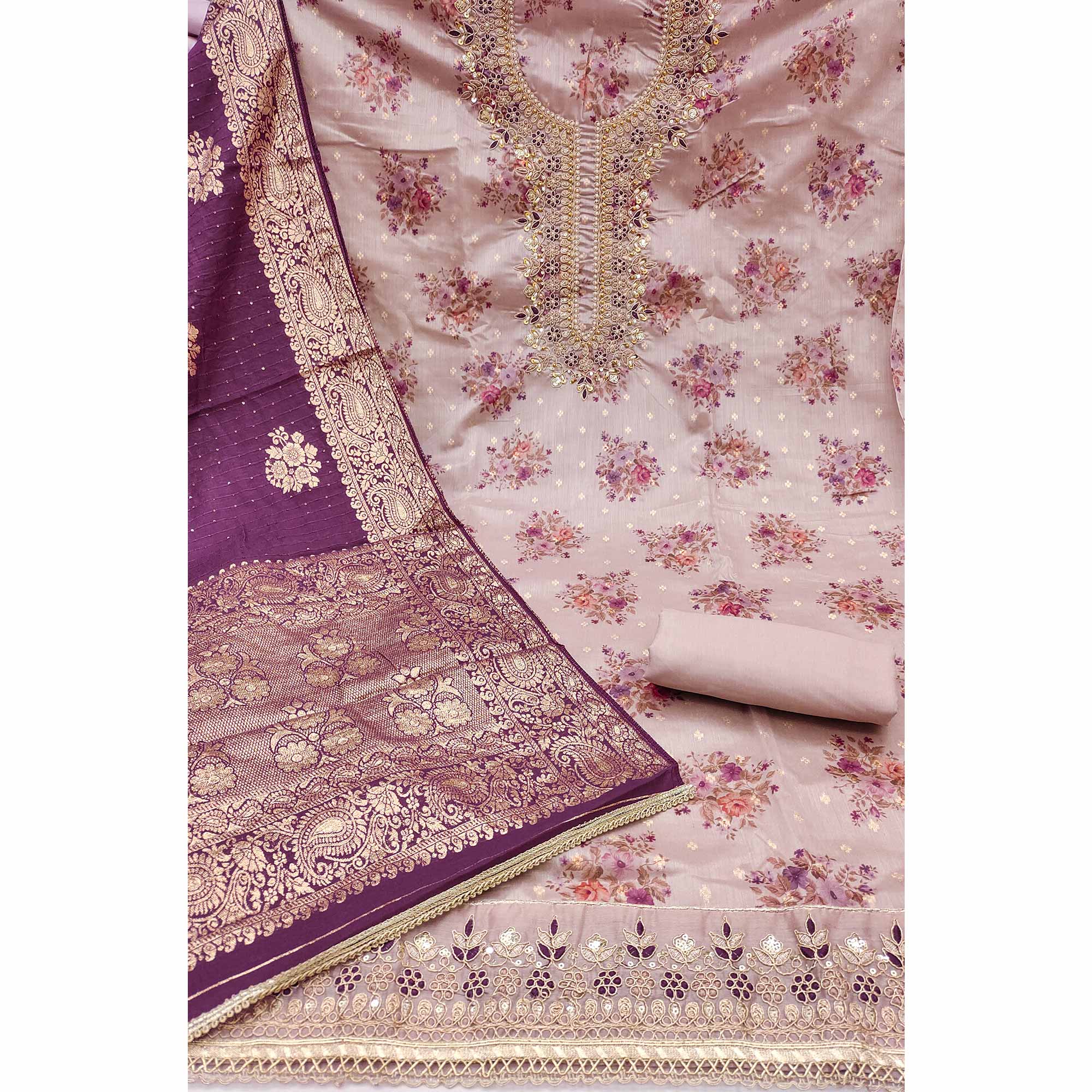 Dusty Mauve Chanderi Silk Dress Material Adorned With Floral Sequins Embroidery & Moti Handwork - Image 4