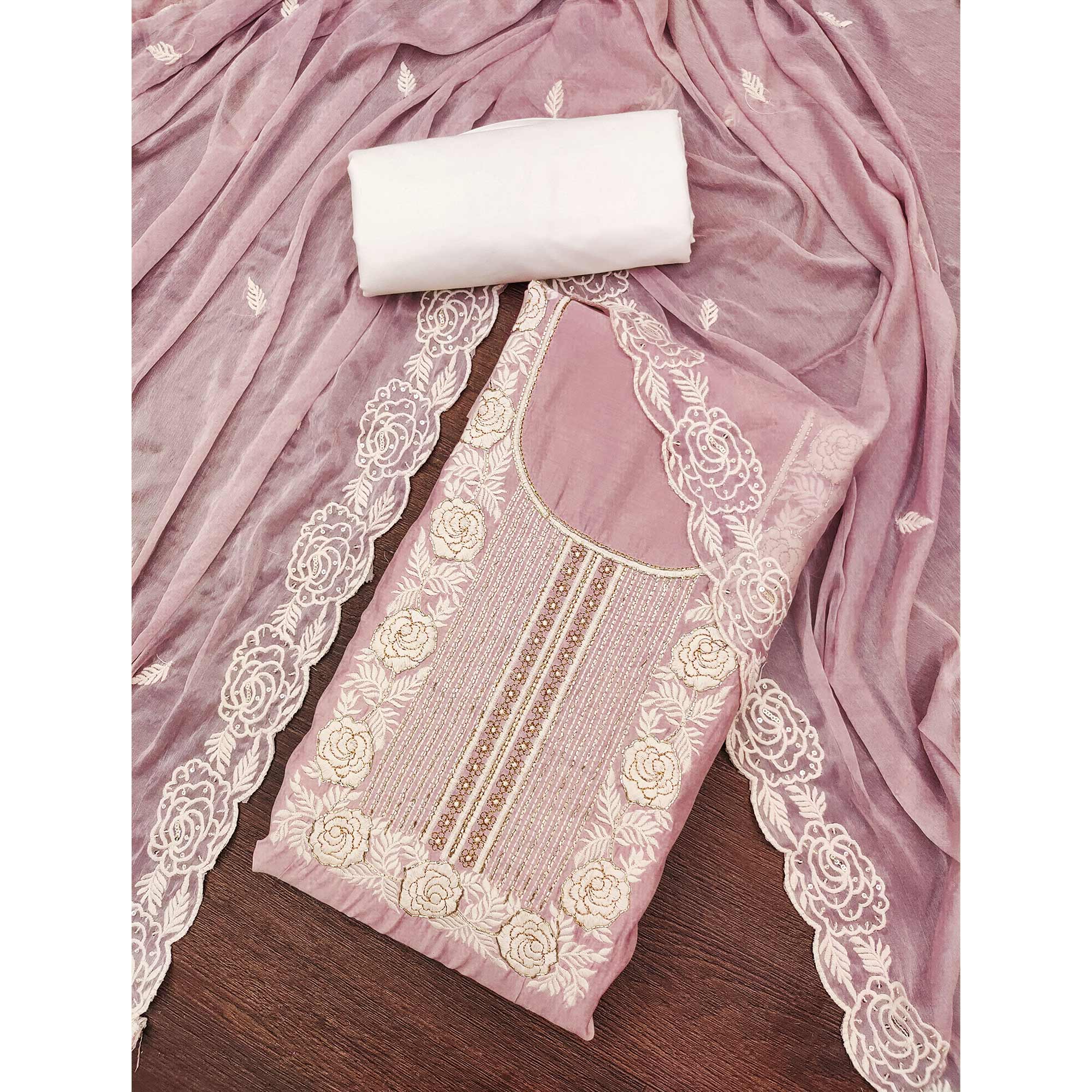 Dusty Mauve Cotton Silk Dress Material Embellished With Floral Embroidery & Intricate Handwork - Image 3