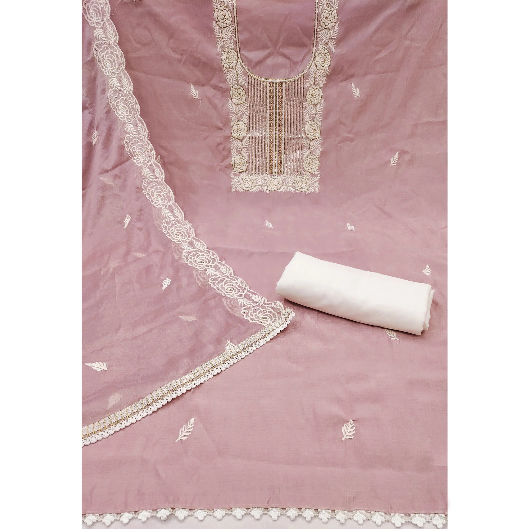 Dusty Mauve Cotton Silk Dress Material Embellished With Floral Embroidery & Intricate Handwork - Image 4
