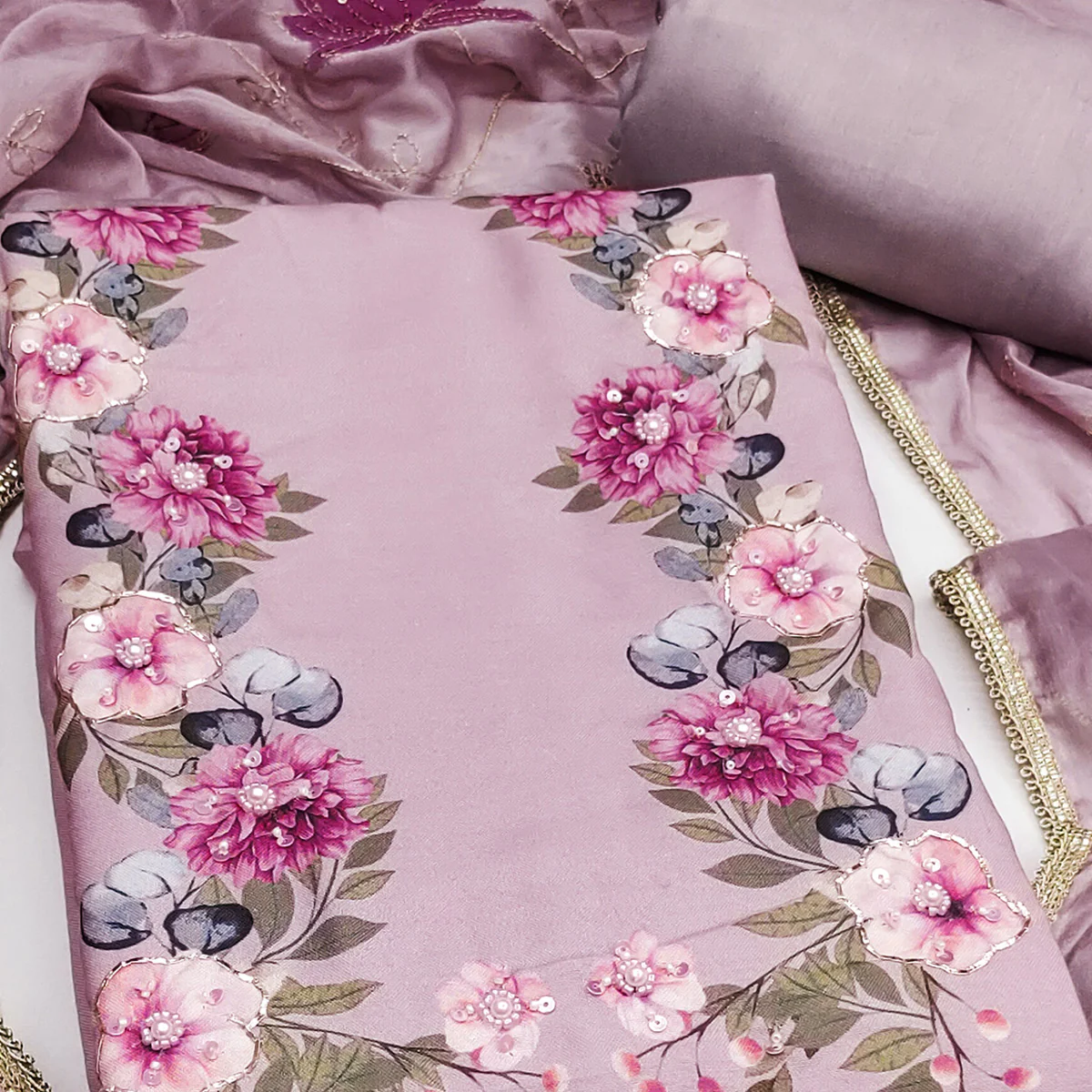Dusty Mauve Rayon Fabric with Floral Print Dress Material - Image 2