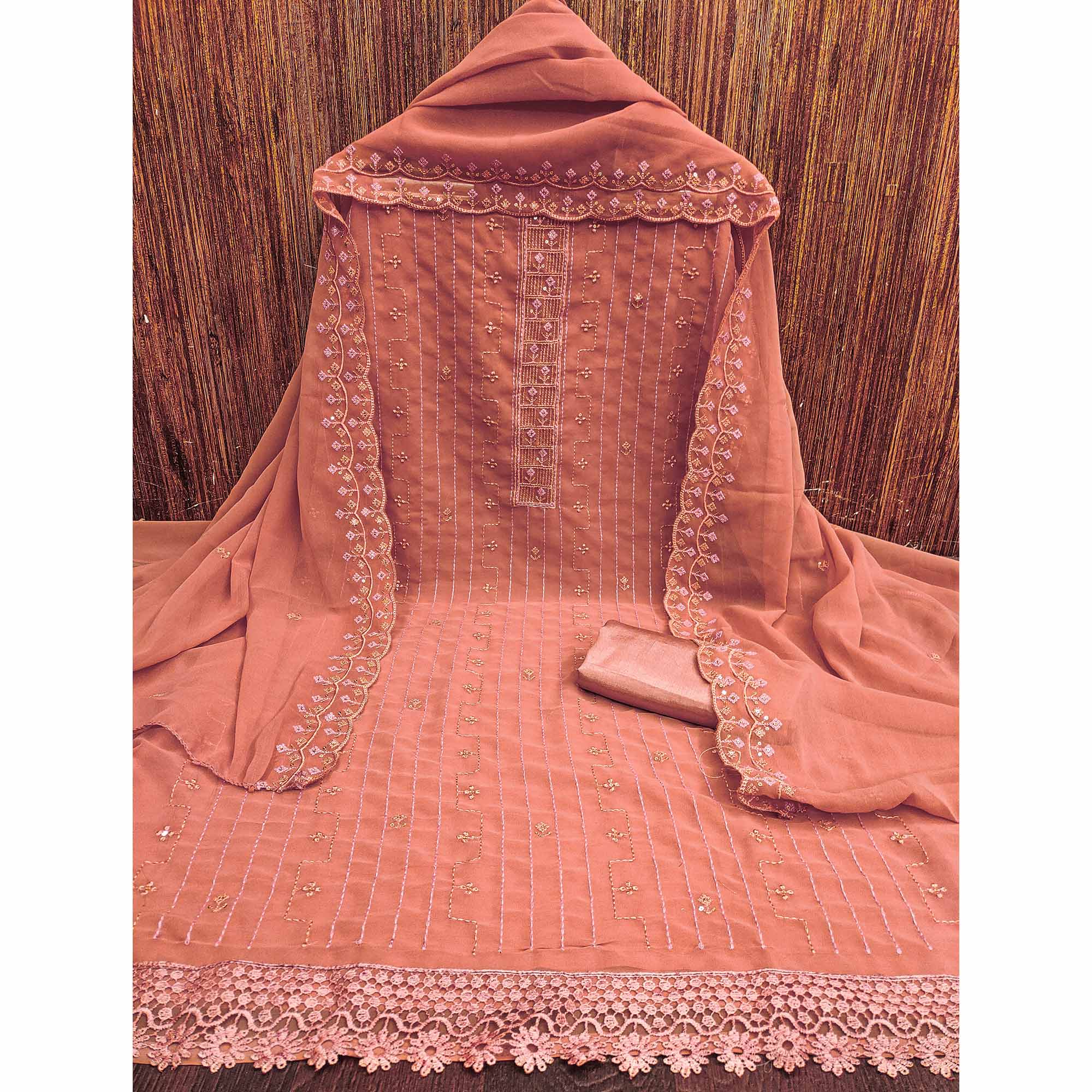 Dusty Orange Sequins Embroidered Georgette Dress Material - Image 4