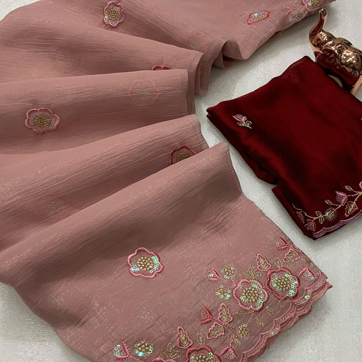 Dusty Peach Floral Sequins Embroidered Chiffon Saree - Image 2