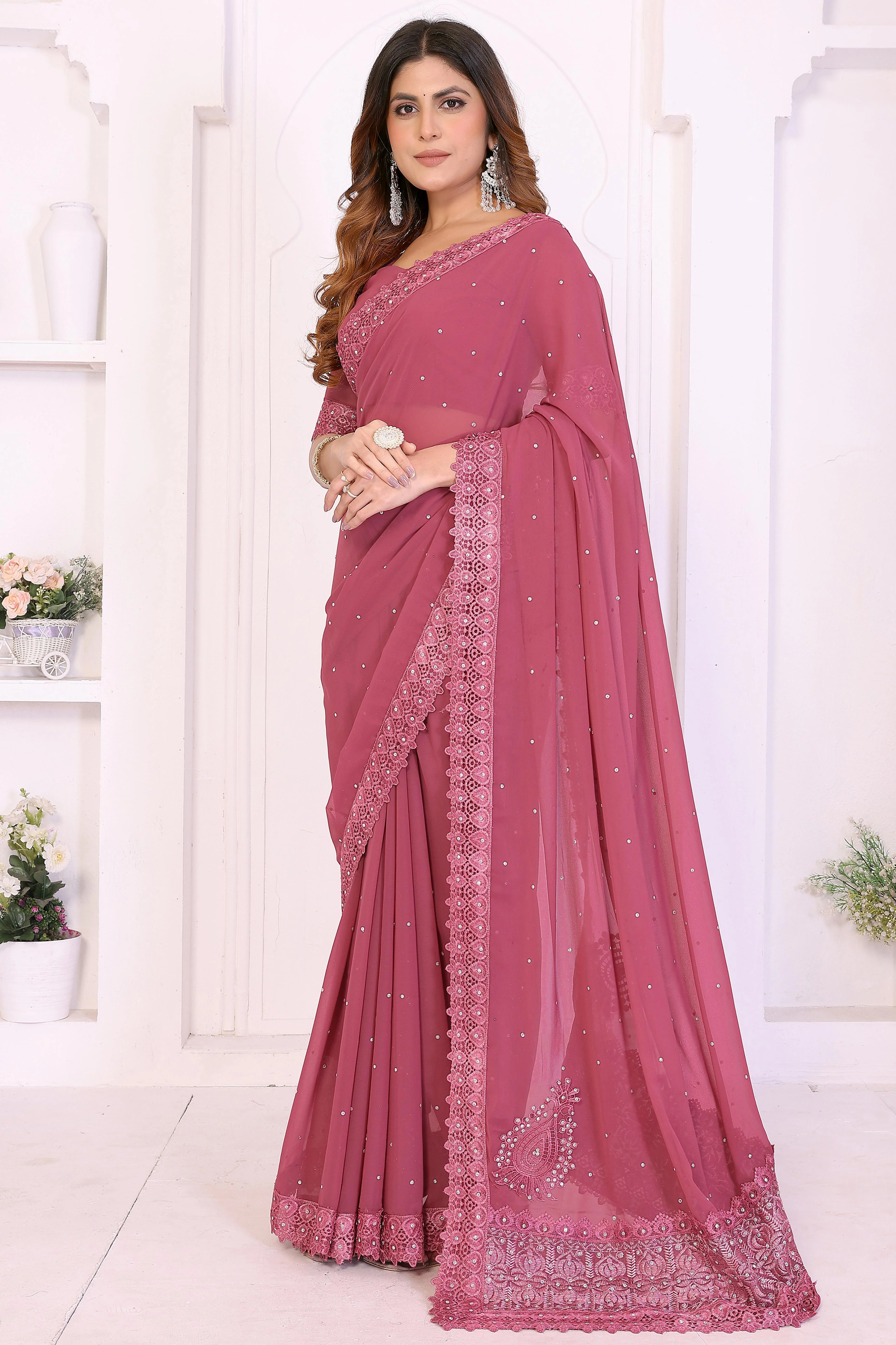 Dusty Pink Designer Georgette Saree Enhanced with Delicate Thread Work Embroidery - Image 3