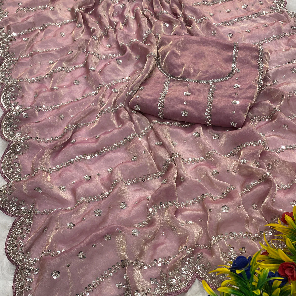 Dusty Pink Designer Satin Partywear Saree Enhanced with Sparkling Sequins Work - Image 2