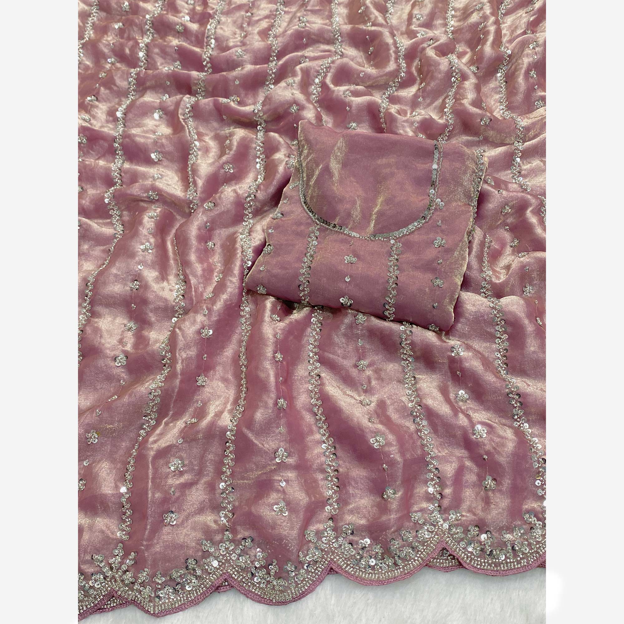 Dusty Pink Designer Satin Partywear Saree Enhanced with Sparkling Sequins Work - Image 4