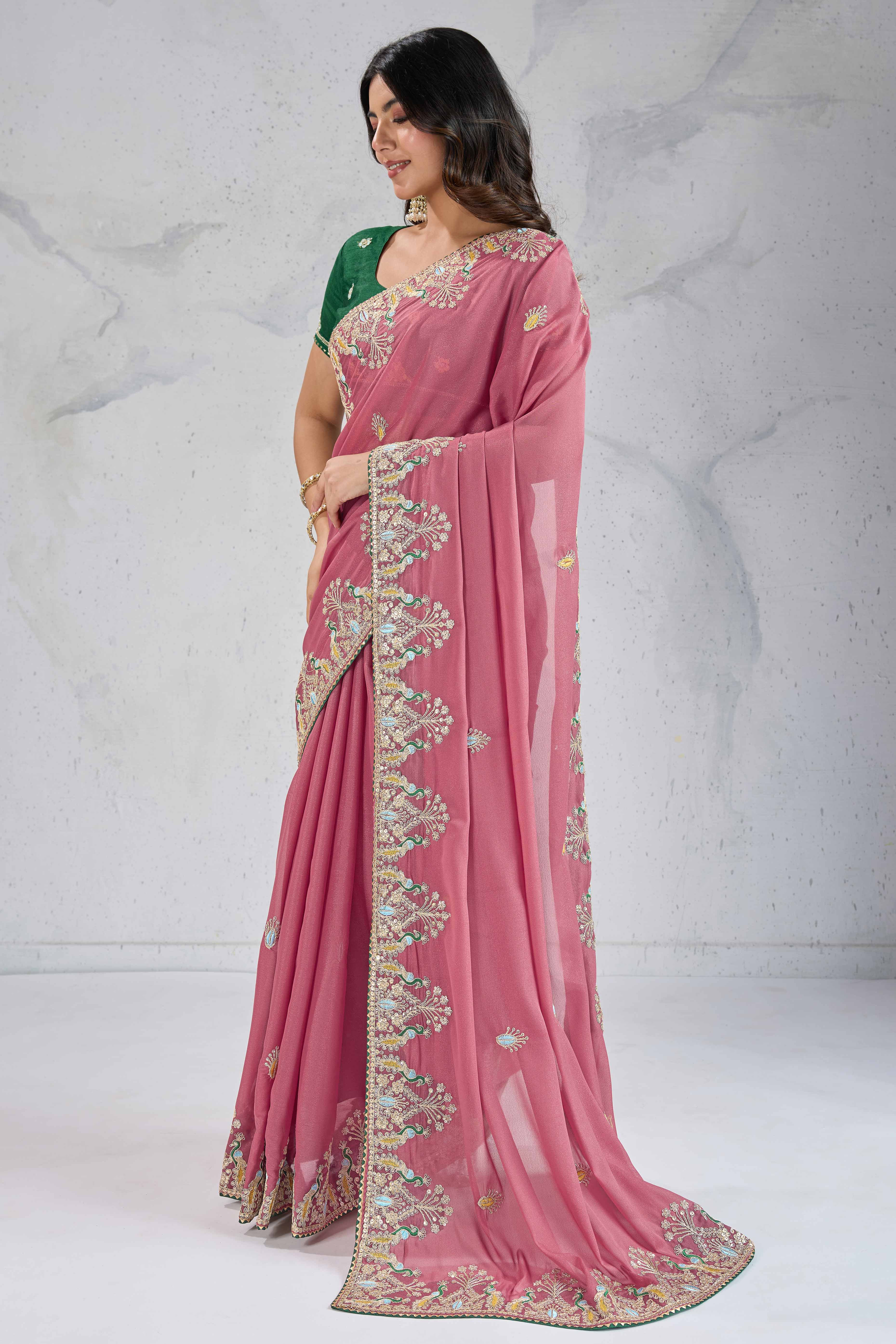 Dusty Pink Embroidered Saree with Ethnic Detailing in Georgette Fabric - Image 3