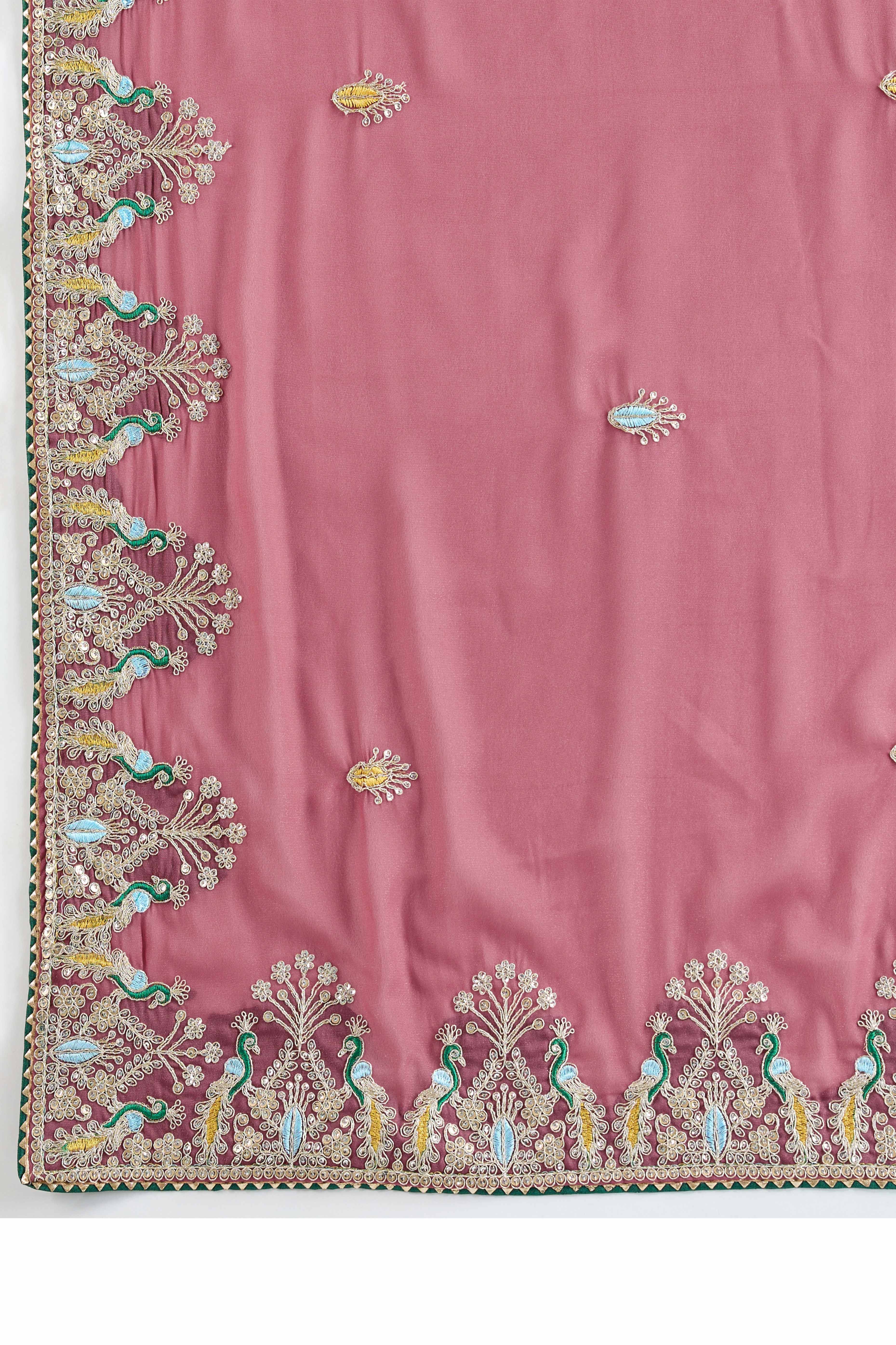 Dusty Pink Embroidered Saree with Ethnic Detailing in Georgette Fabric - Image 8