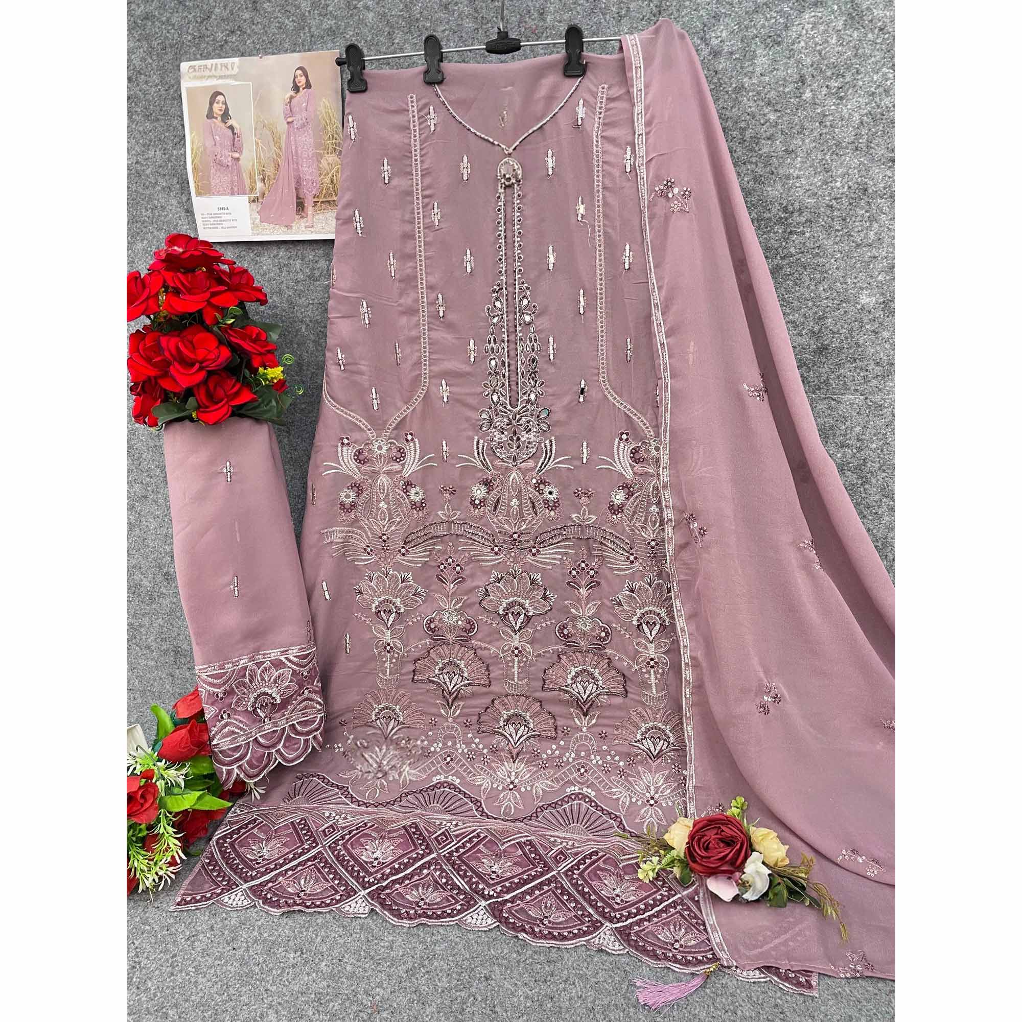 Dusty Pink Floral Embroidered Heavy Georgette Dress Material - Image 4