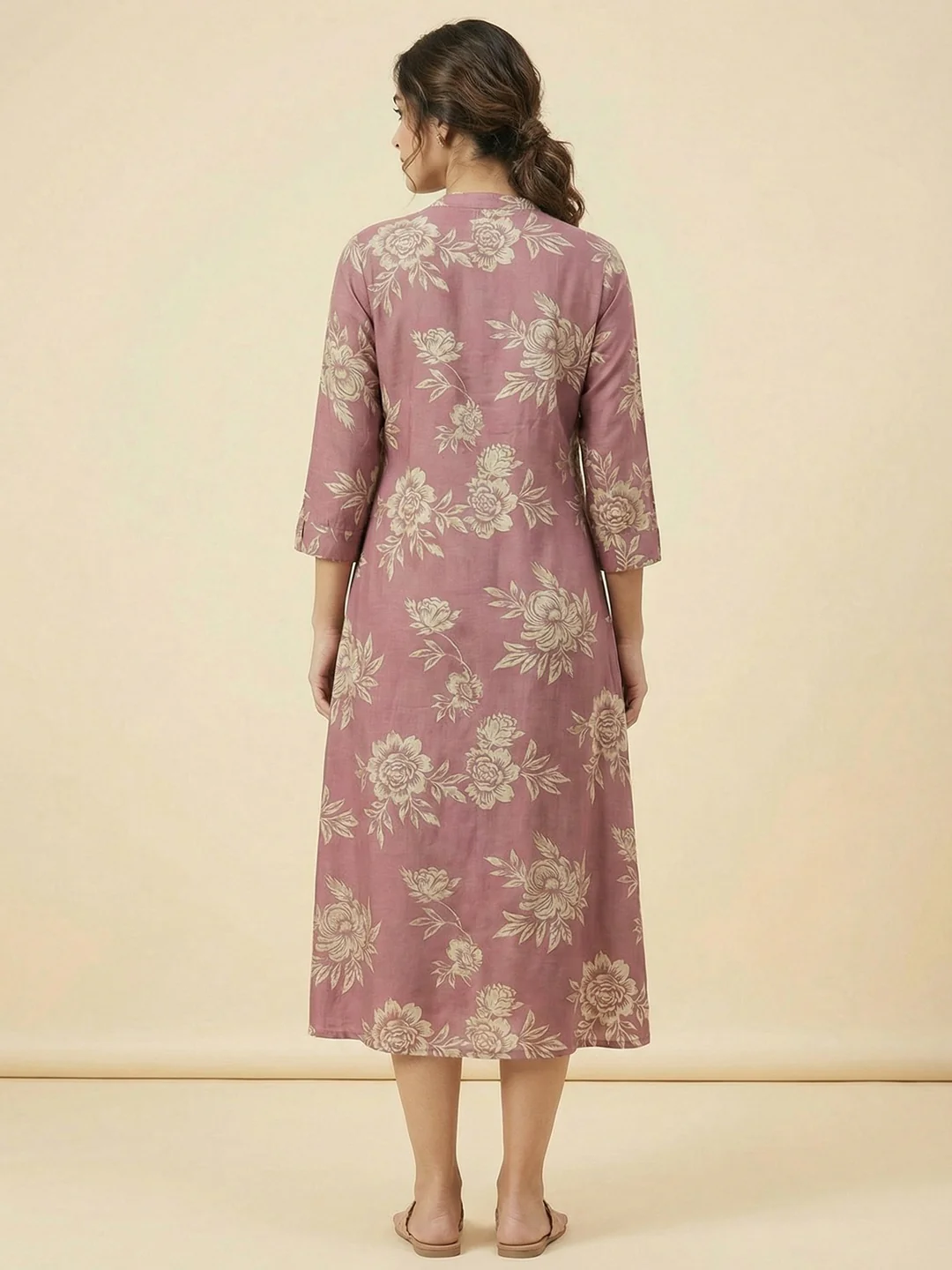 Dusty Pink Floral Printed Viscose A-Line Casual Dress with Comfortable Fit - Image 3