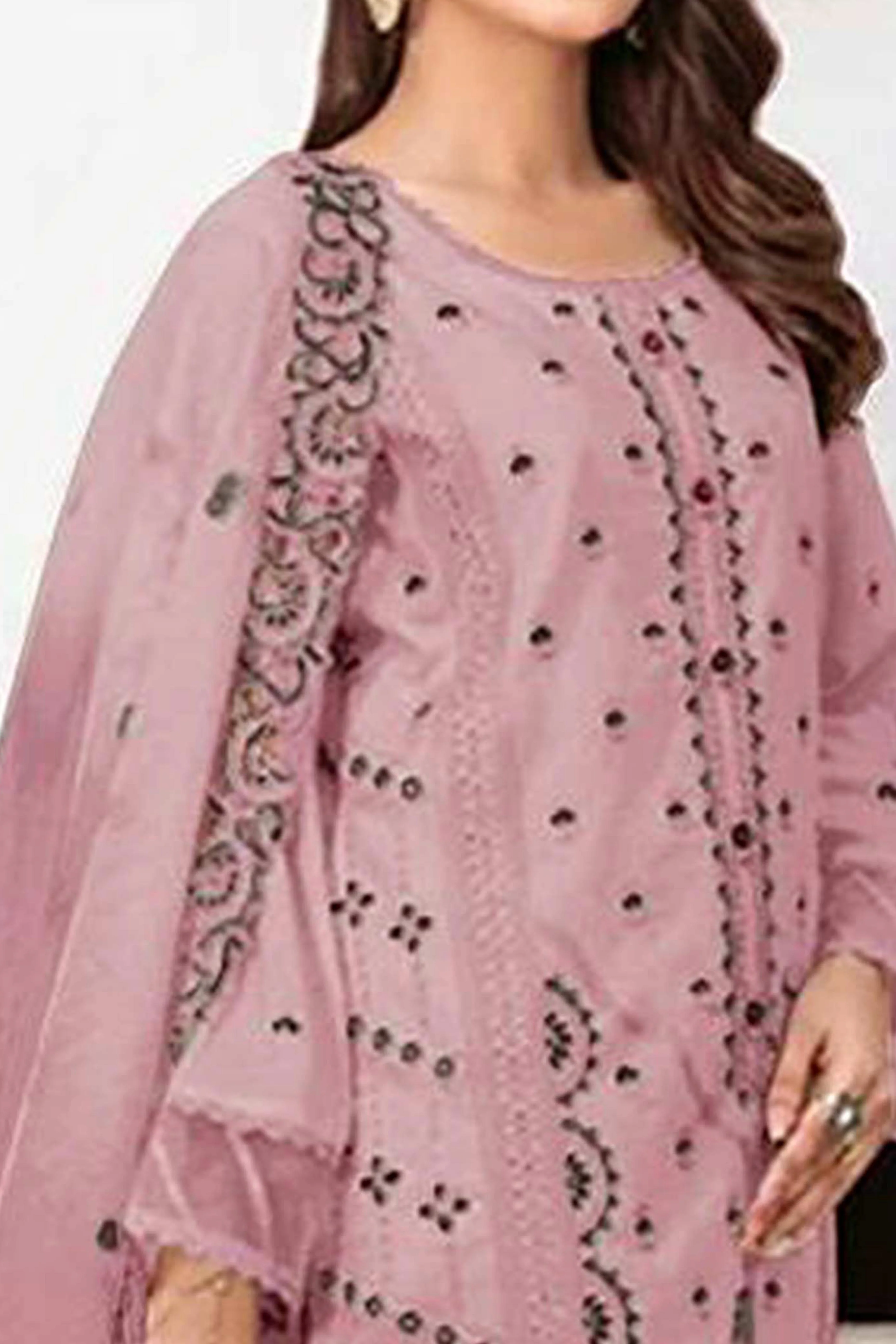 Dusty Pink Heavy Embroidered Work Georgette Dress Material - Image 2