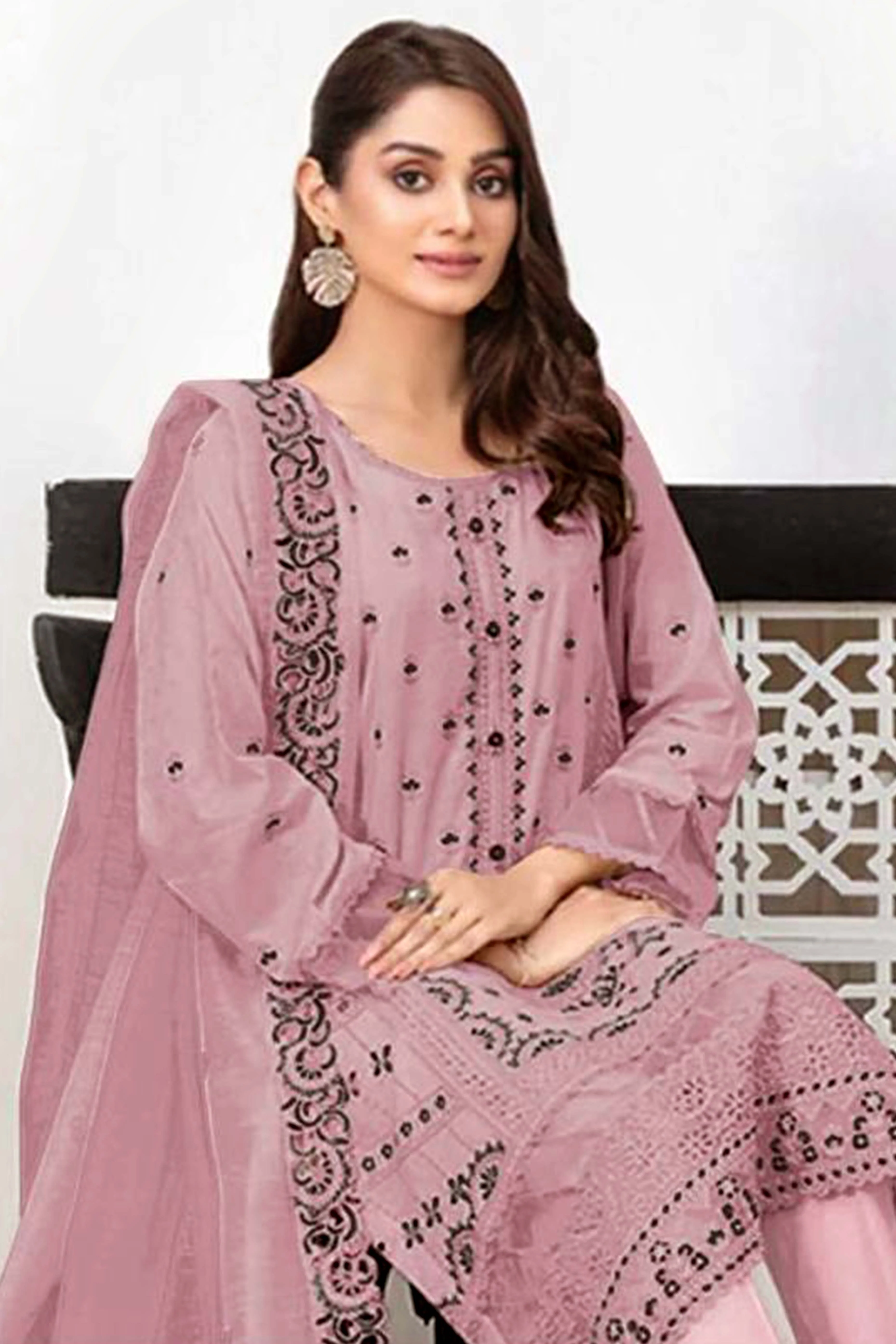 Dusty Pink Heavy Embroidered Work Georgette Dress Material - Image 3