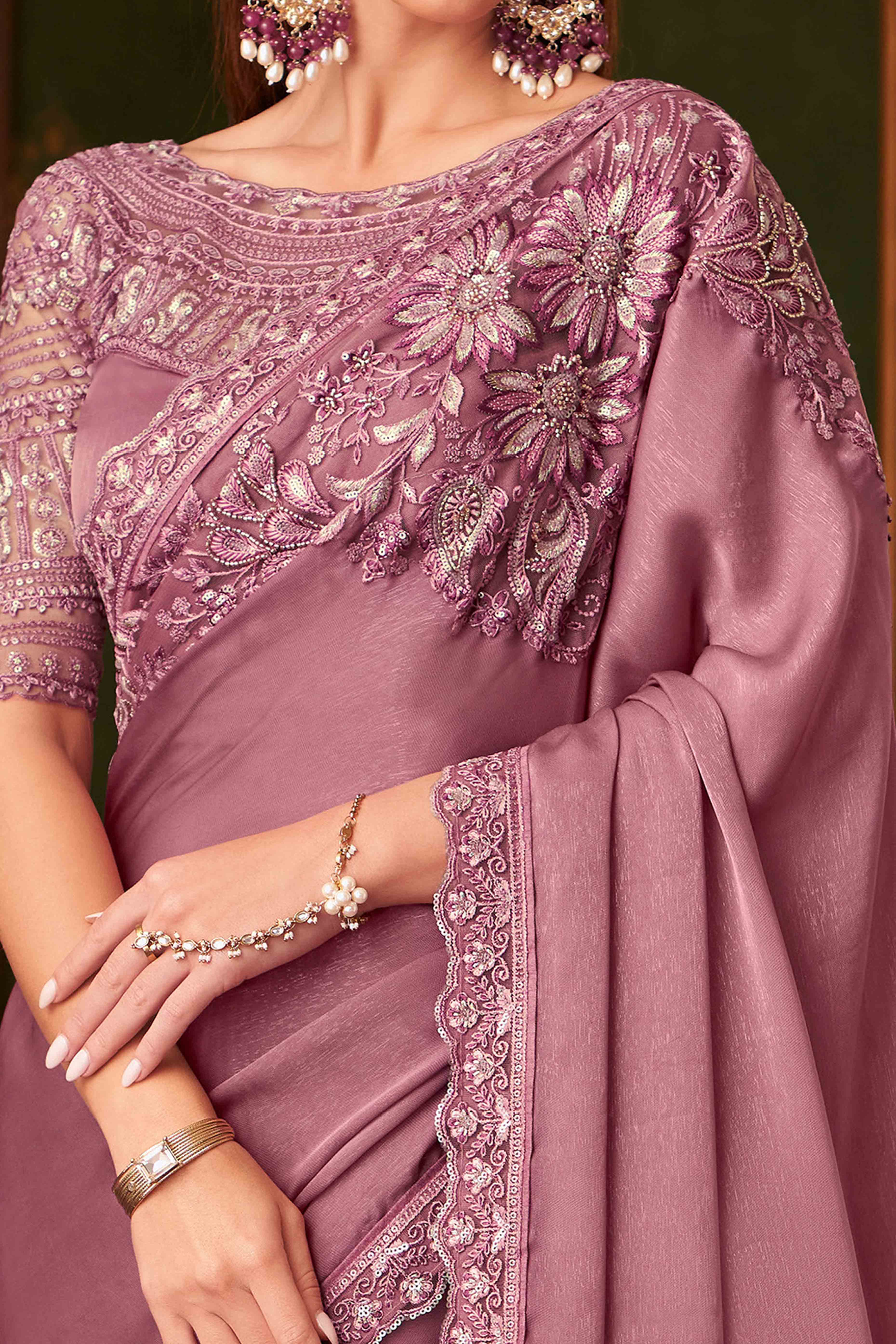 Dusty Pink Sequins Embroidered Georgette Saree - Image 2