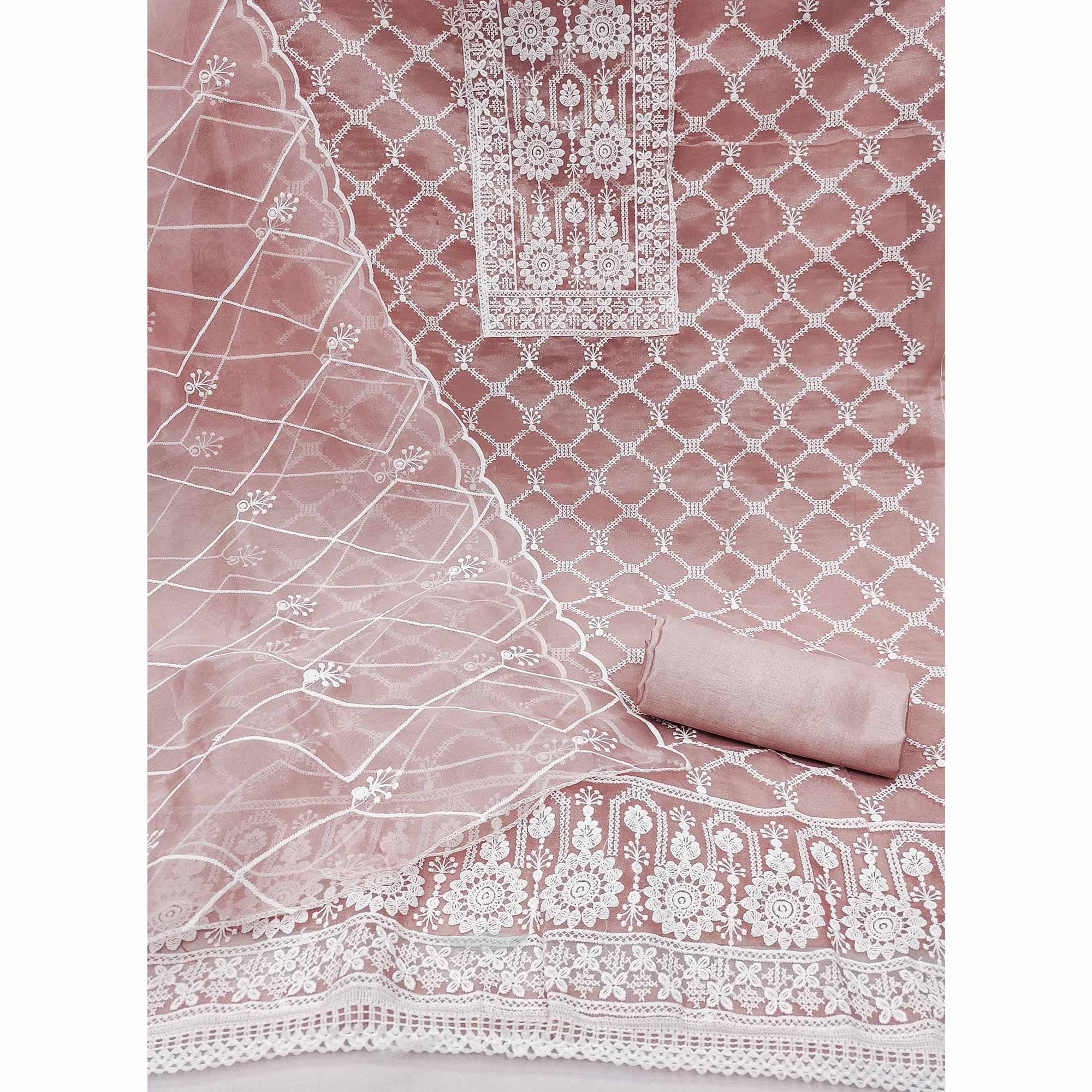 Dusty Pink Sheer Organza Suit Material with Floral Embroidery Detailing - Image 5