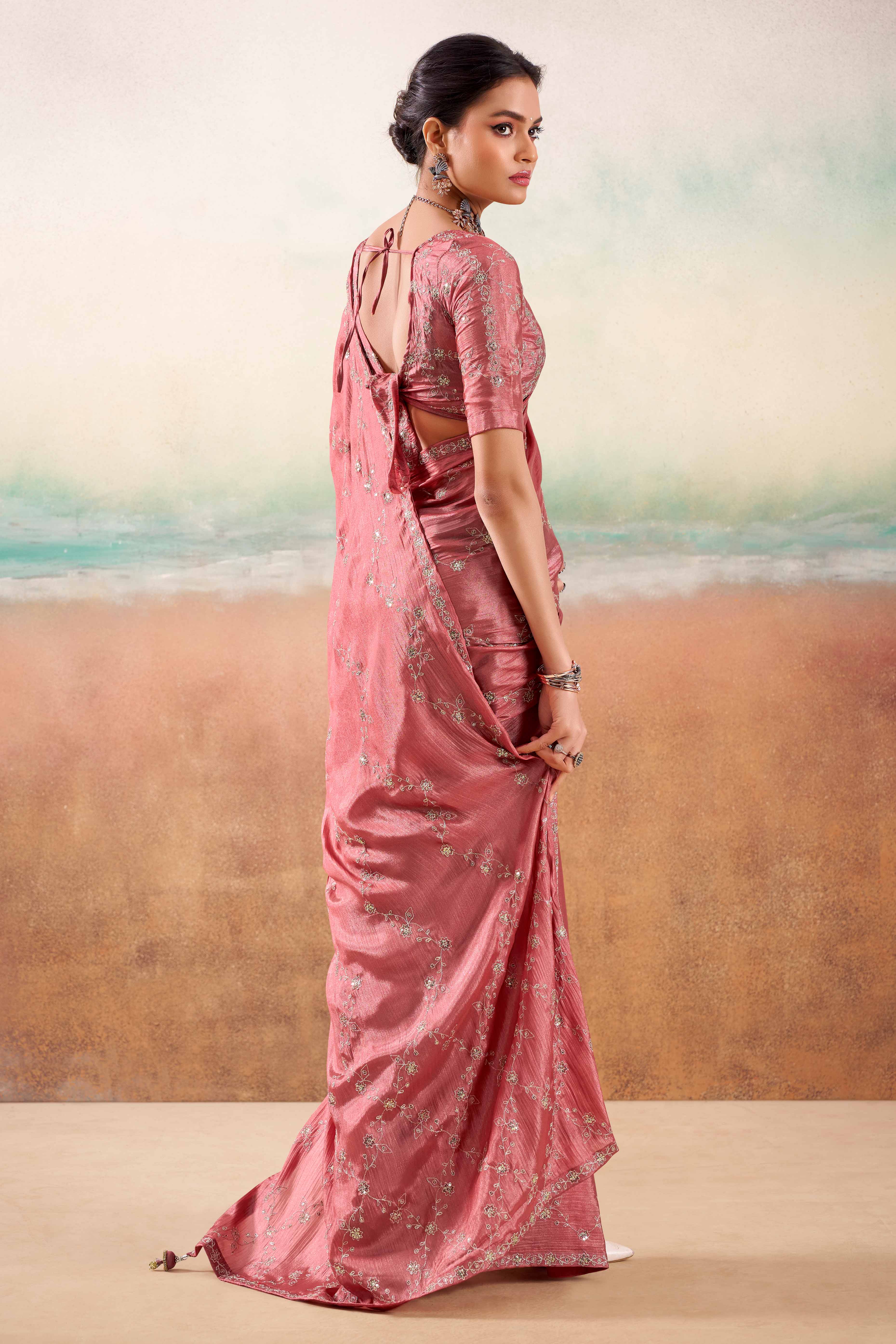 Dusty Pink Two Tone Chiffon Saree Adorned With Floral Cording Embroidery & Sequins Work - Image 3