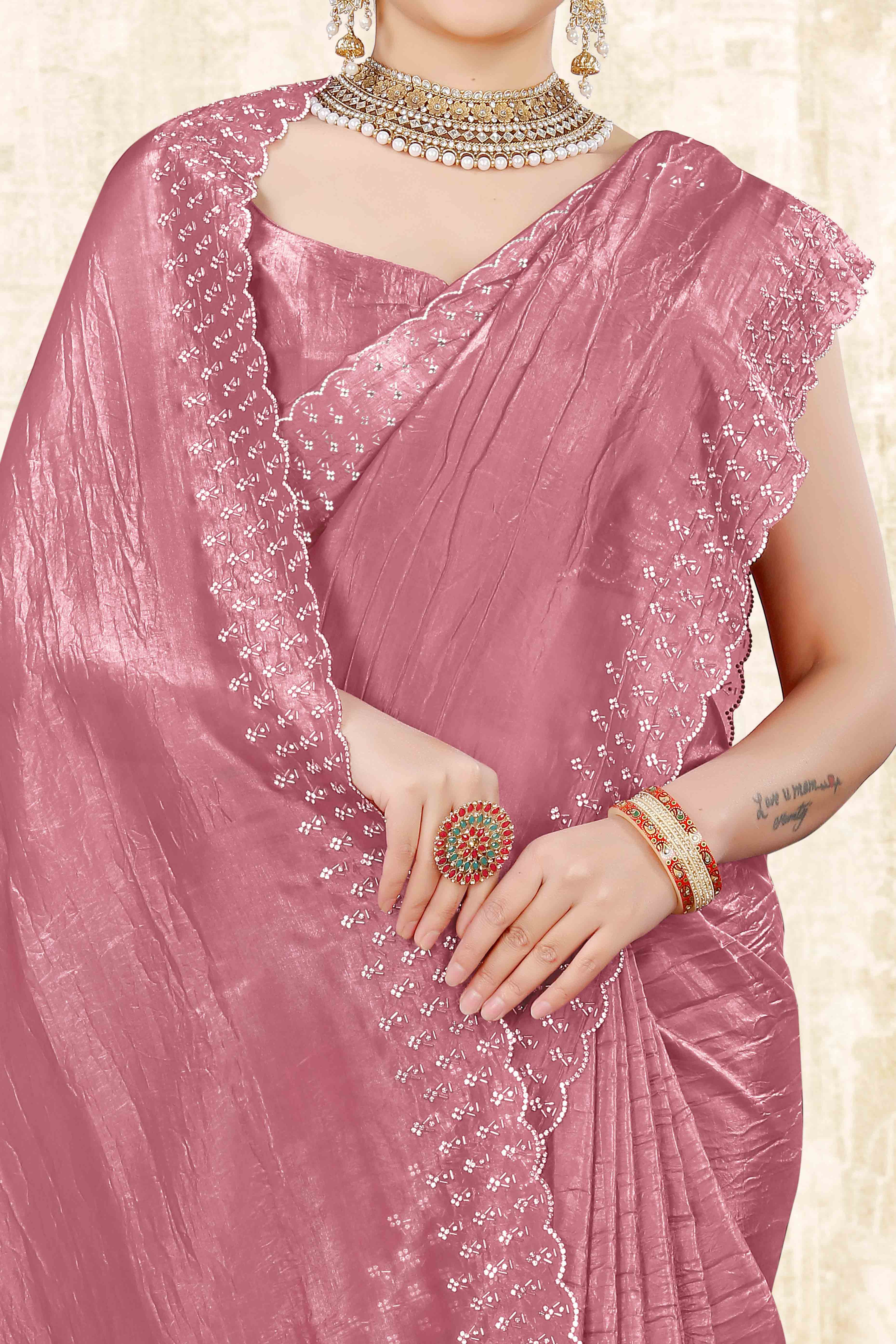 Dusty Pink Zarkan Diamond Work Tissue Gold Crush Saree - Image 2