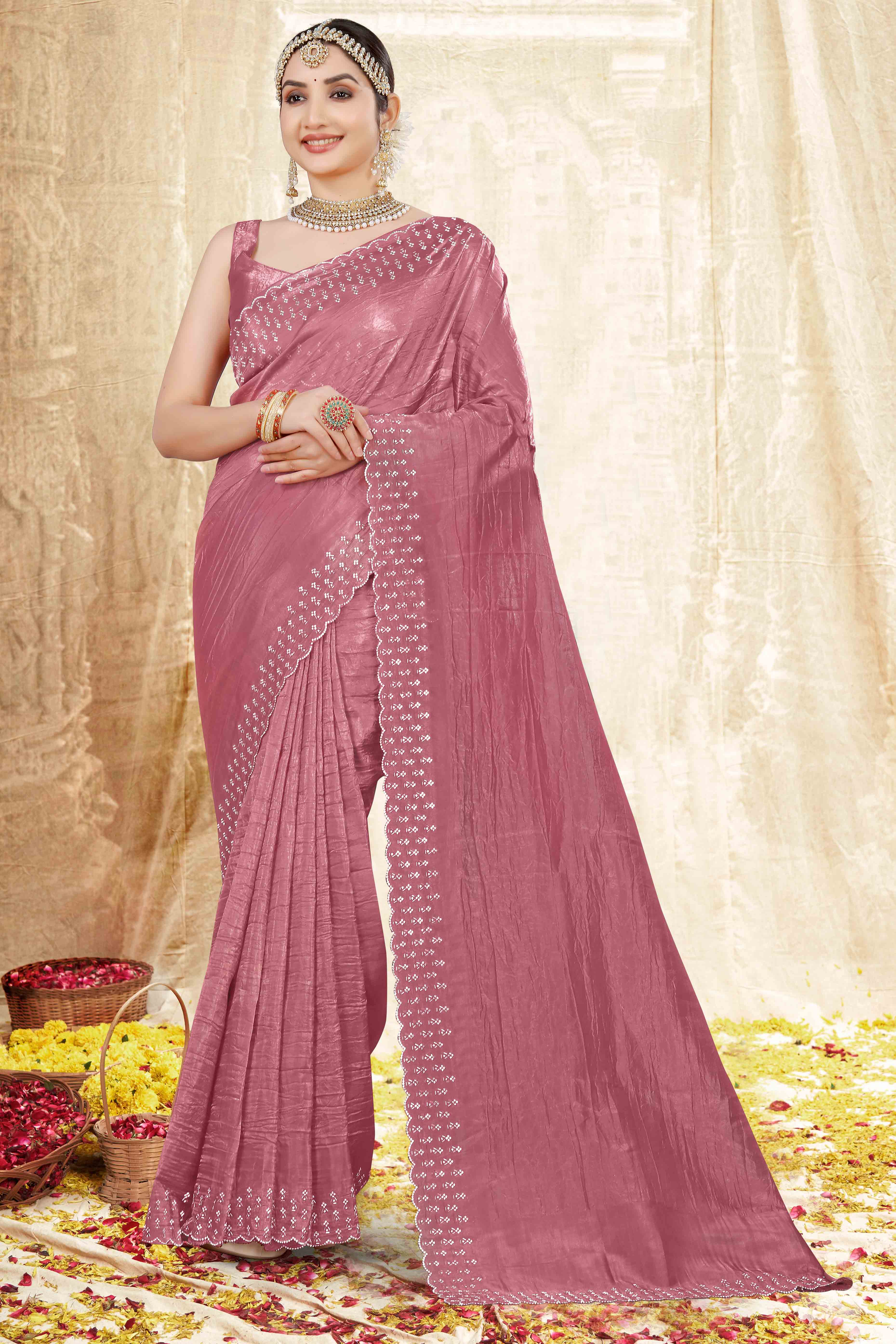 Dusty Pink Zarkan Diamond Work Tissue Gold Crush Saree - Image 3