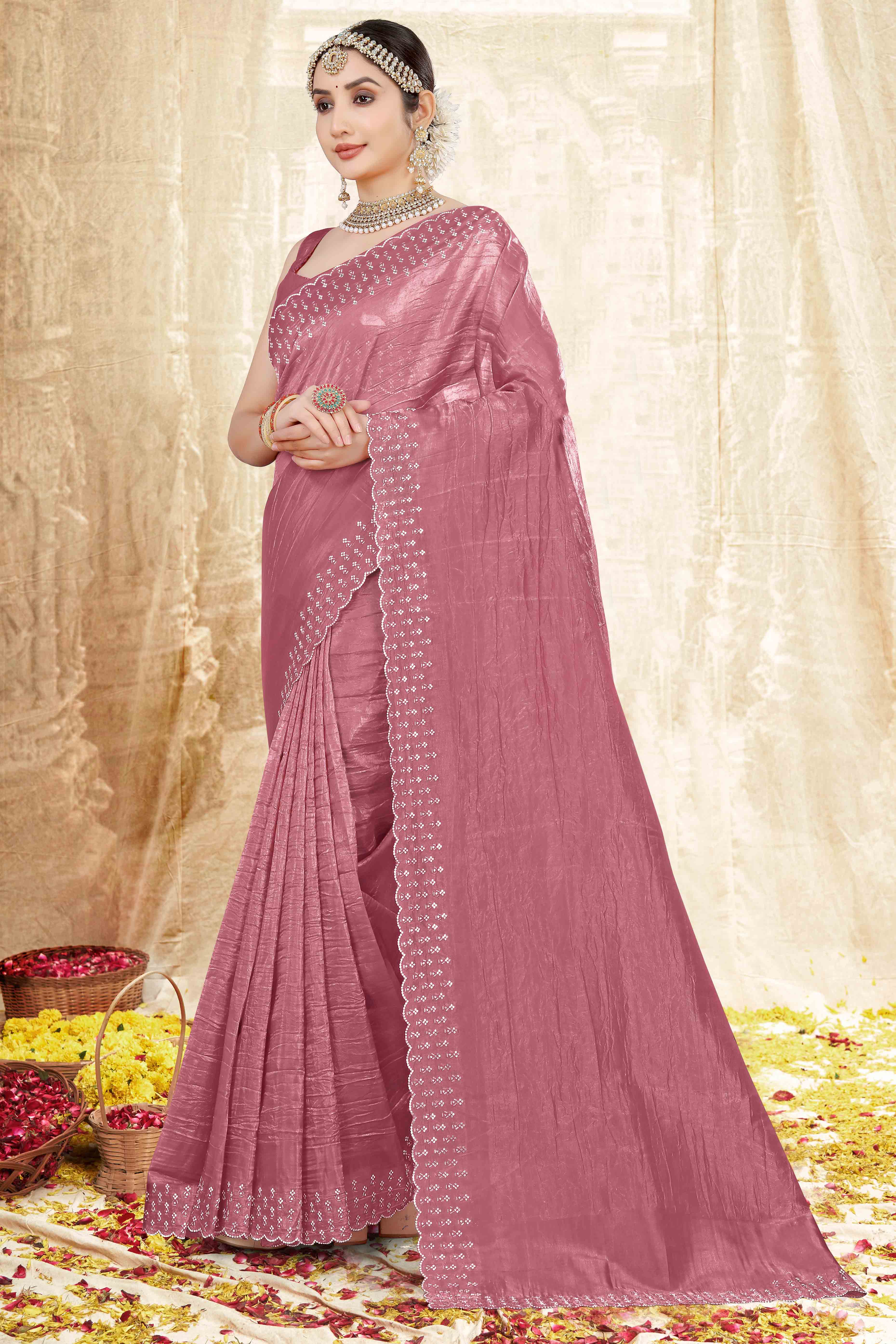 Dusty Pink Zarkan Diamond Work Tissue Gold Crush Saree - Image 4