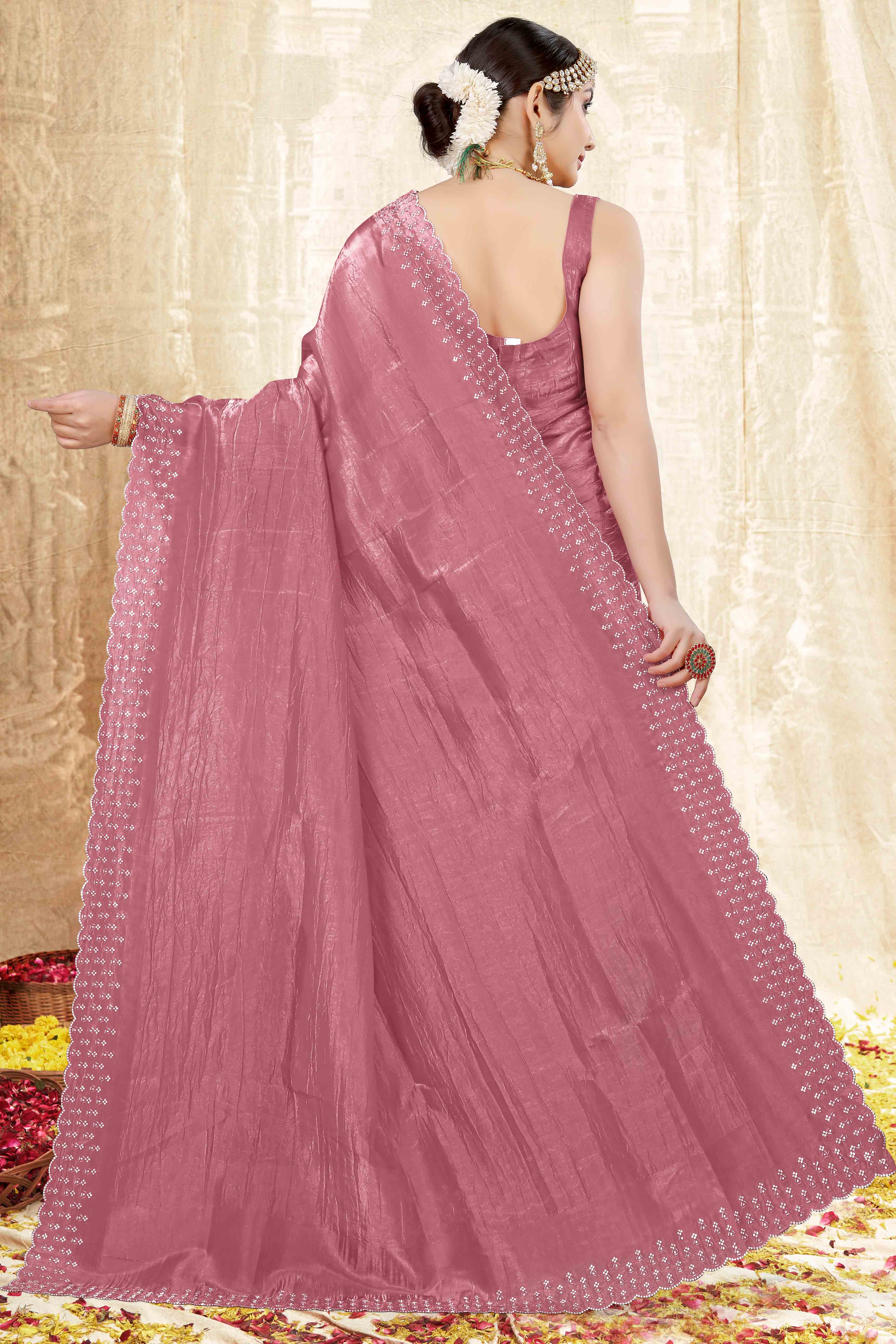 Dusty Pink Zarkan Diamond Work Tissue Gold Crush Saree - Image 5