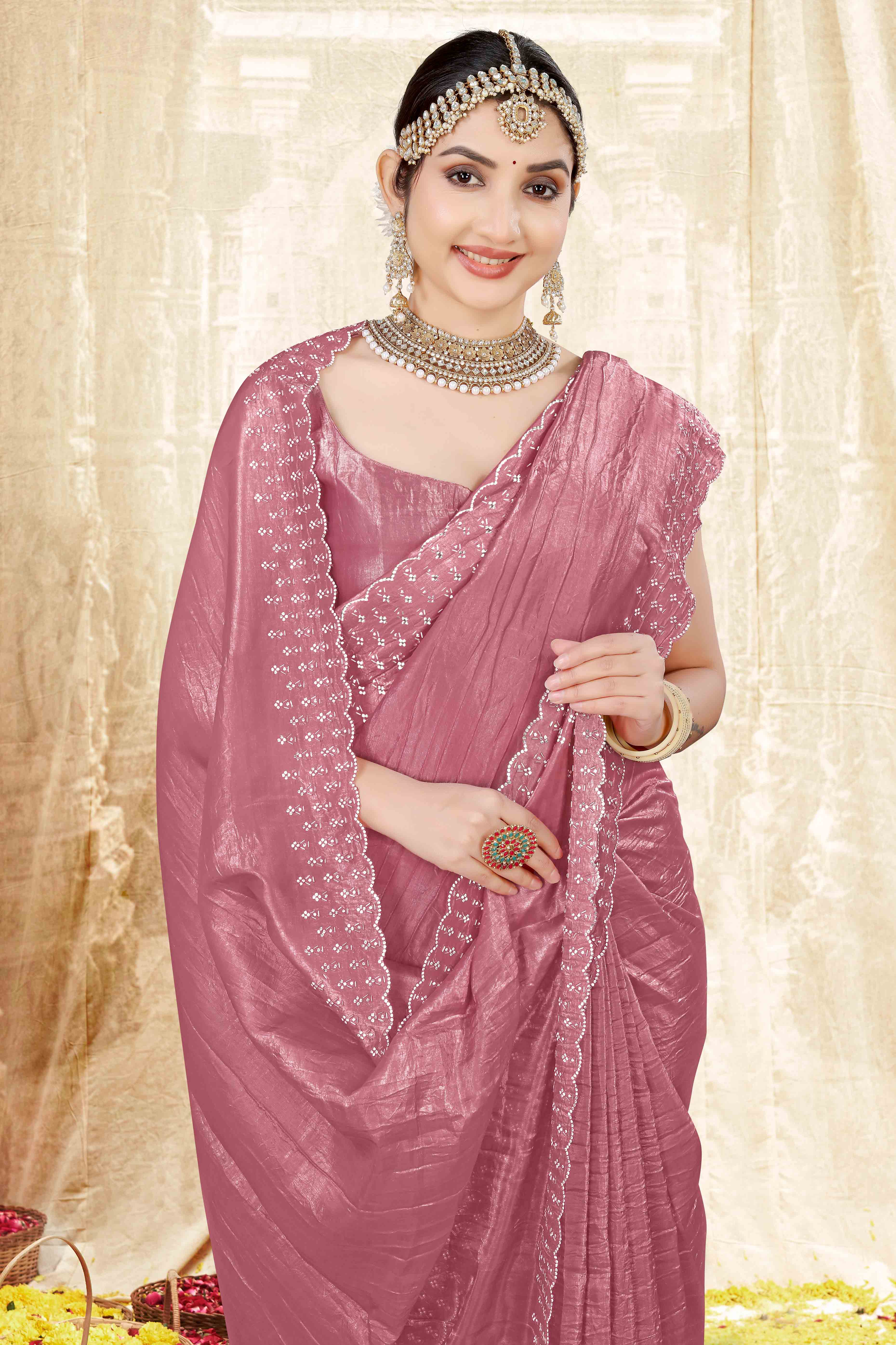 Dusty Pink Zarkan Diamond Work Tissue Gold Crush Saree - Image 6