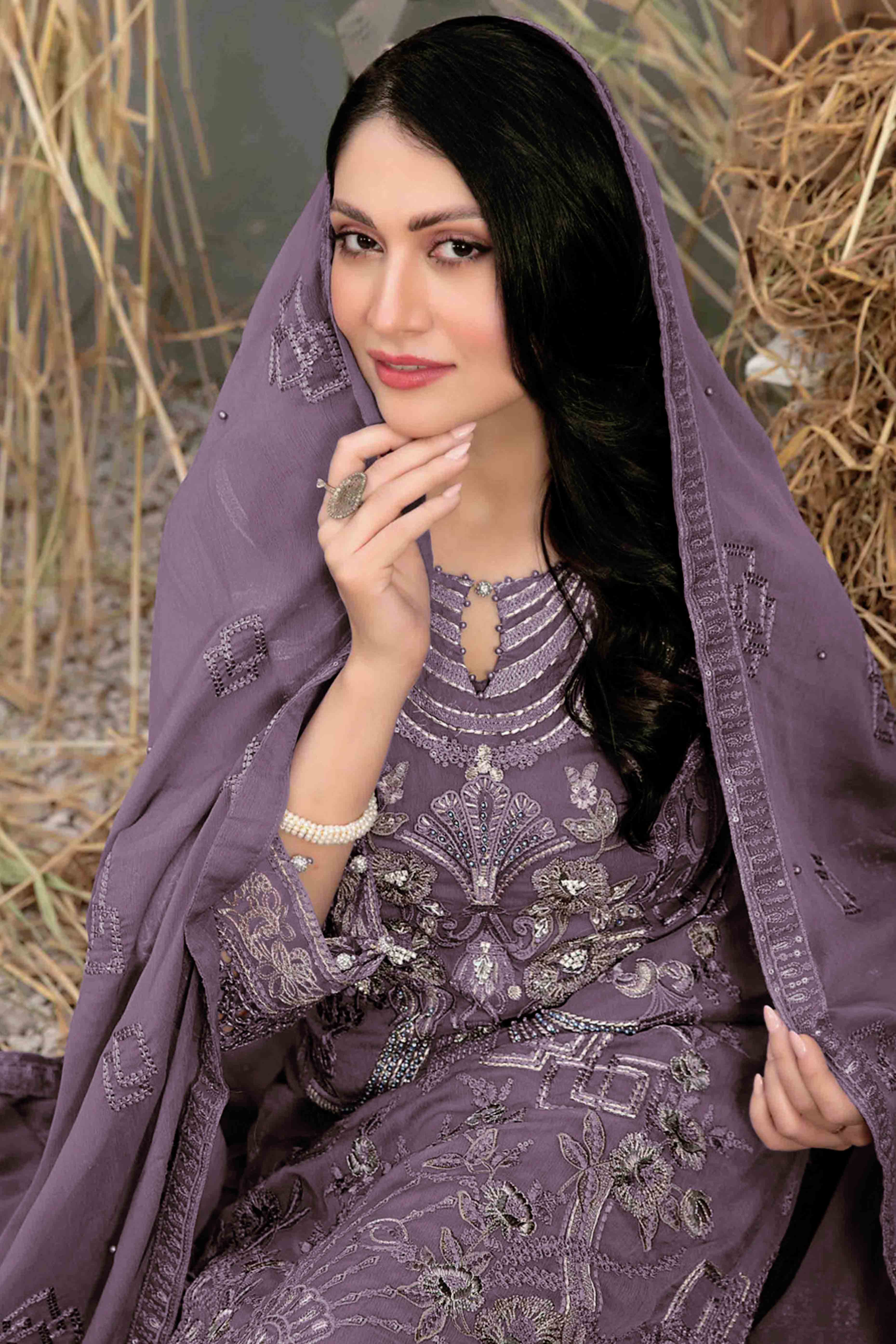Dusty Purple Floral Embroidered Heavy Georgette Dress Material - Image 3