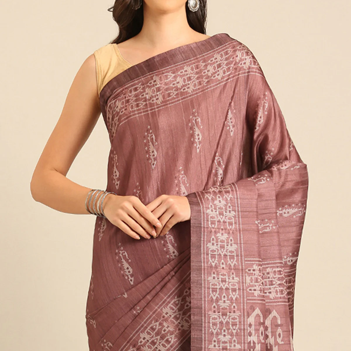Dusty Rose Pink Digital Print Cotton Saree - Image 3