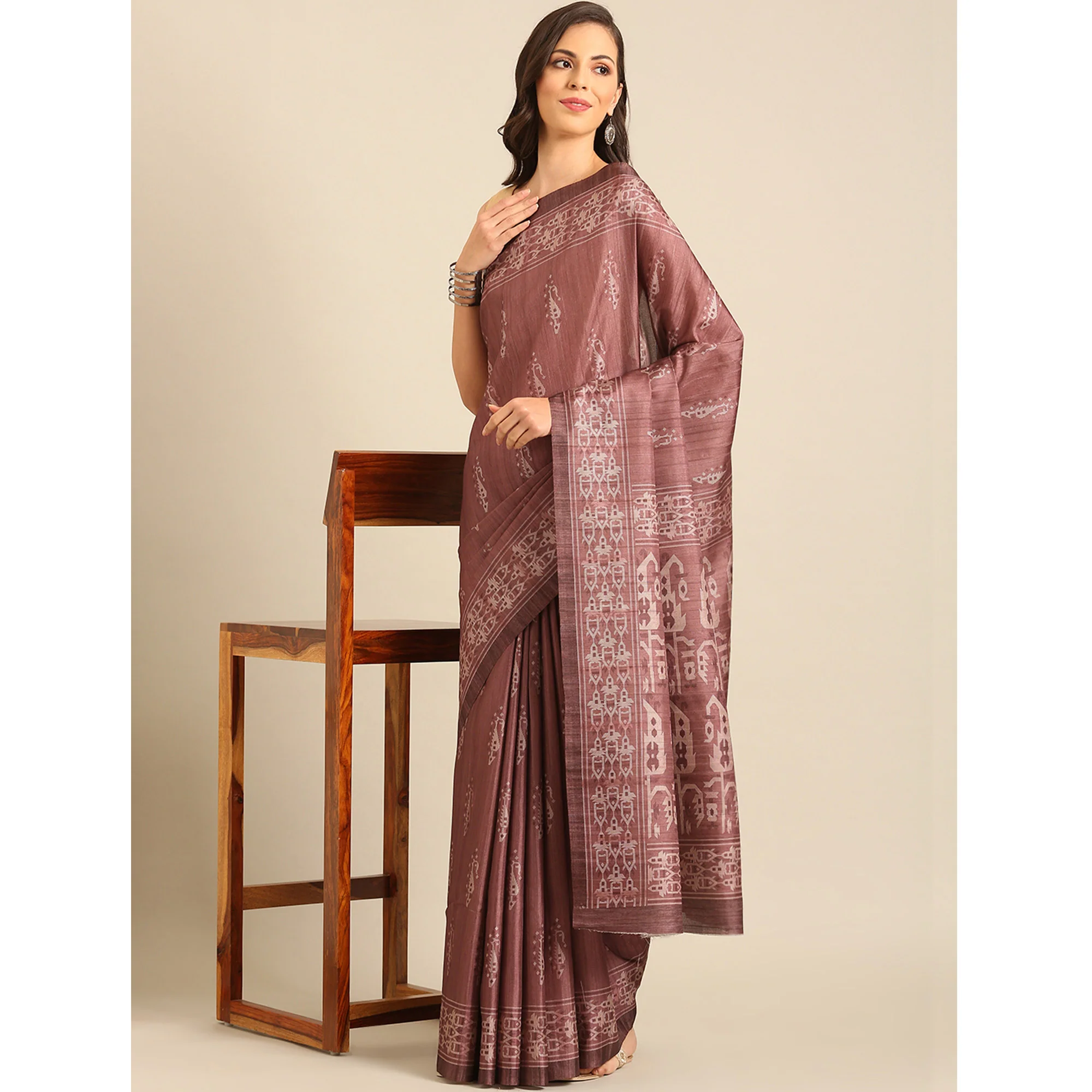 Dusty Rose Pink Digital Print Cotton Saree - Image 4