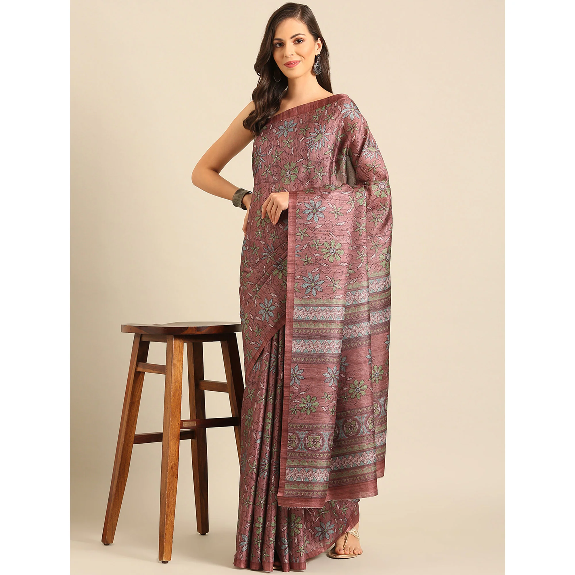 Dusty Rose Pink Floral Digital Printed Cotton Blend Saree - Image 4