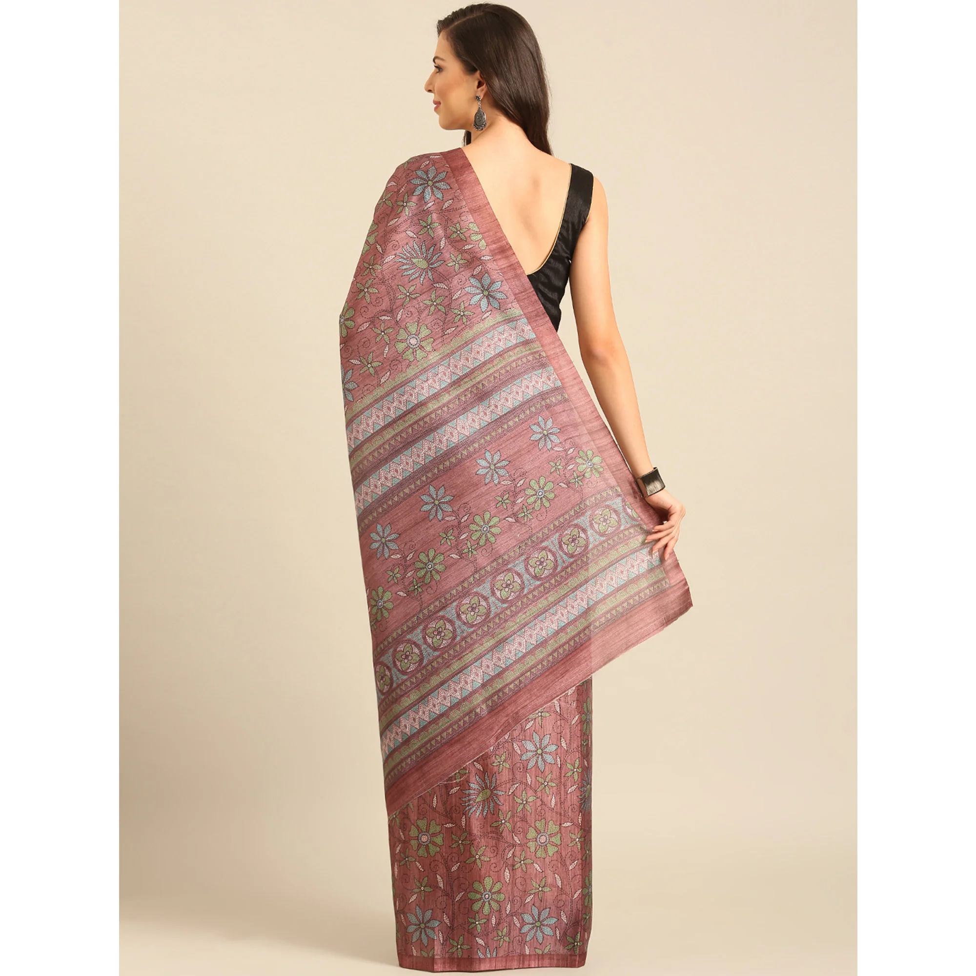 Dusty Rose Pink Floral Digital Printed Cotton Blend Saree - Image 5