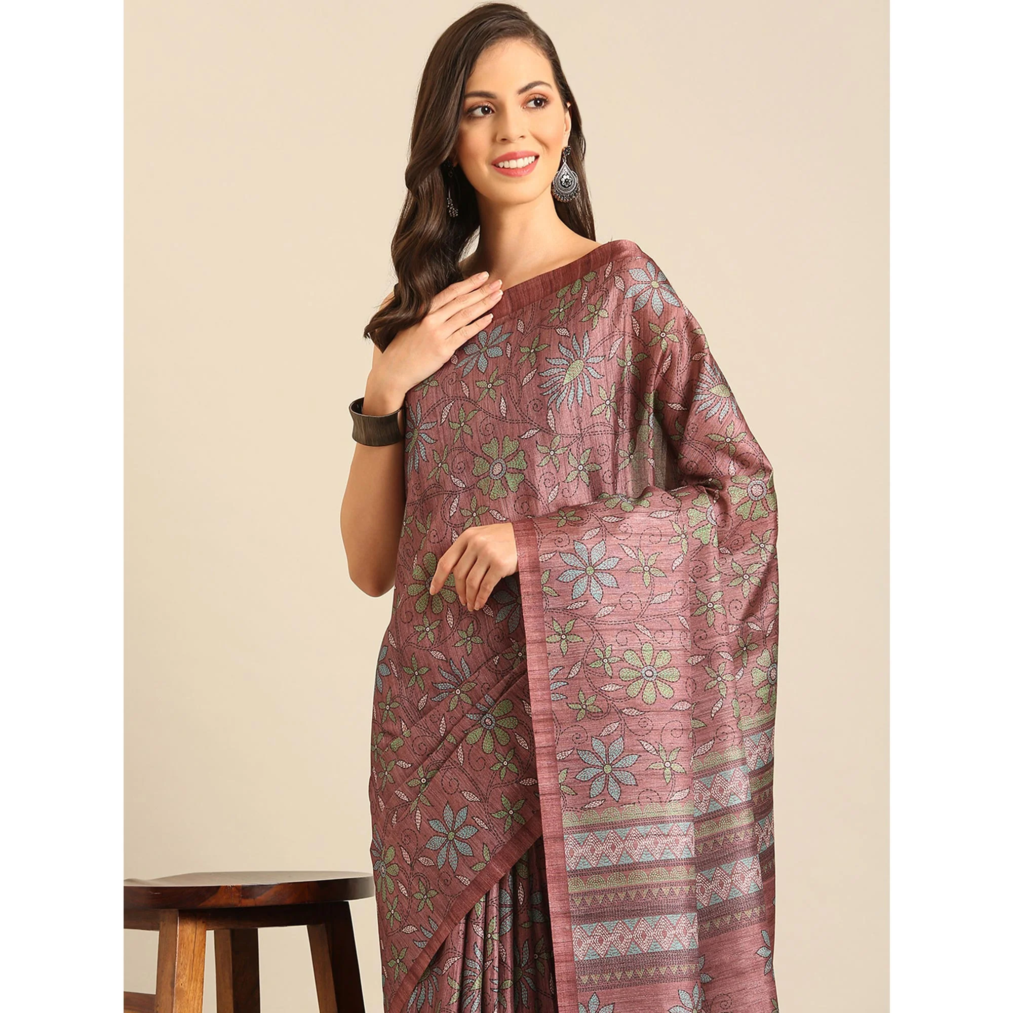 Dusty Rose Pink Floral Digital Printed Cotton Blend Saree - Image 6