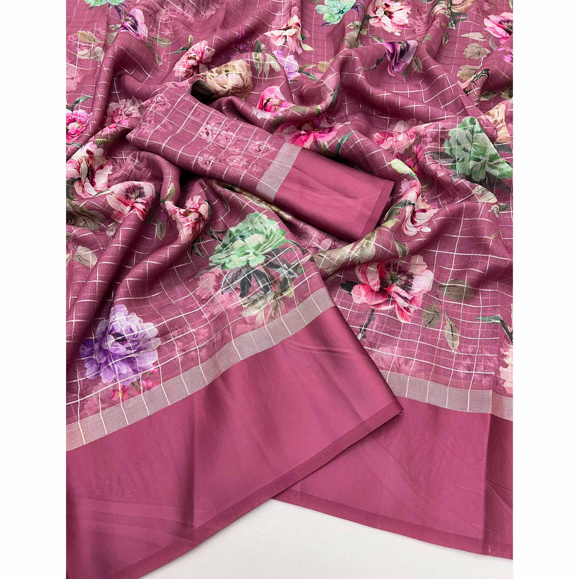Dusty Rose Pink Floral Digital Printed With Zari Woven Georgette Saree - Image 3