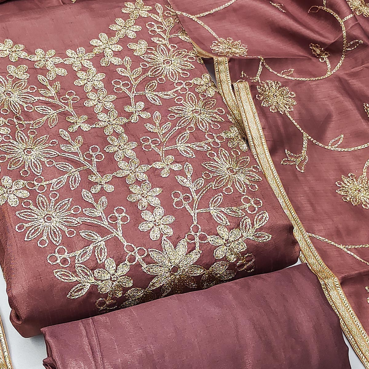 Dusty Rose Pink Floral Embroidered Art Silk Dress Material - Image 2