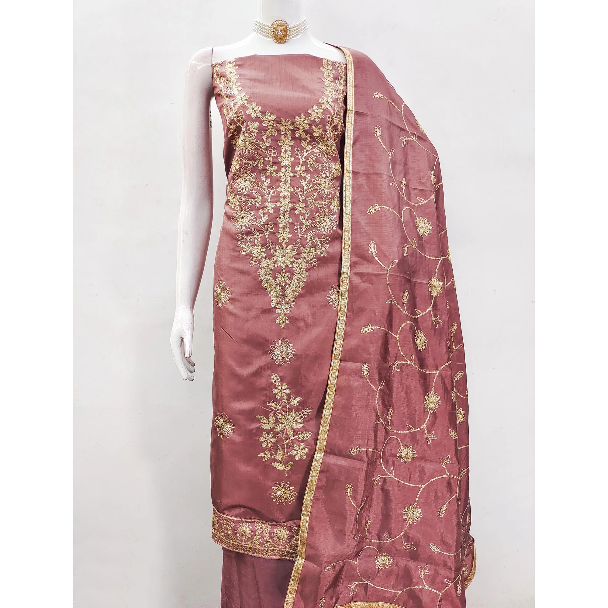 Dusty Rose Pink Floral Embroidered Art Silk Dress Material - Image 5