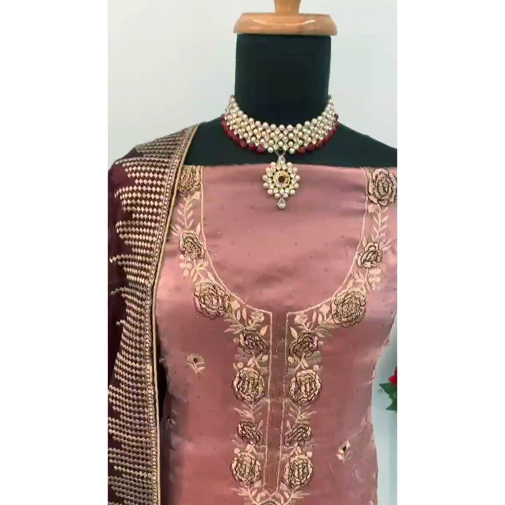 Dusty Rose Pink Floral Embroidery With Swarovski Work Jimmy Choo Tissue Semi Stitched Suit - Image 5