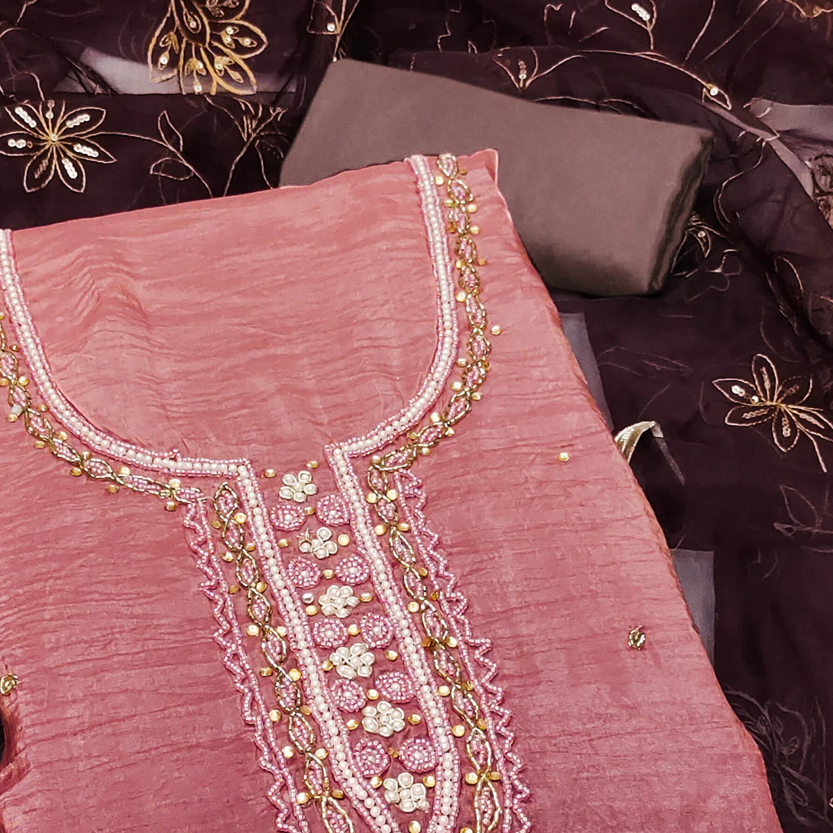 Dusty Rose  Pink Floral Handwork Viscose Dress Material - Image 2