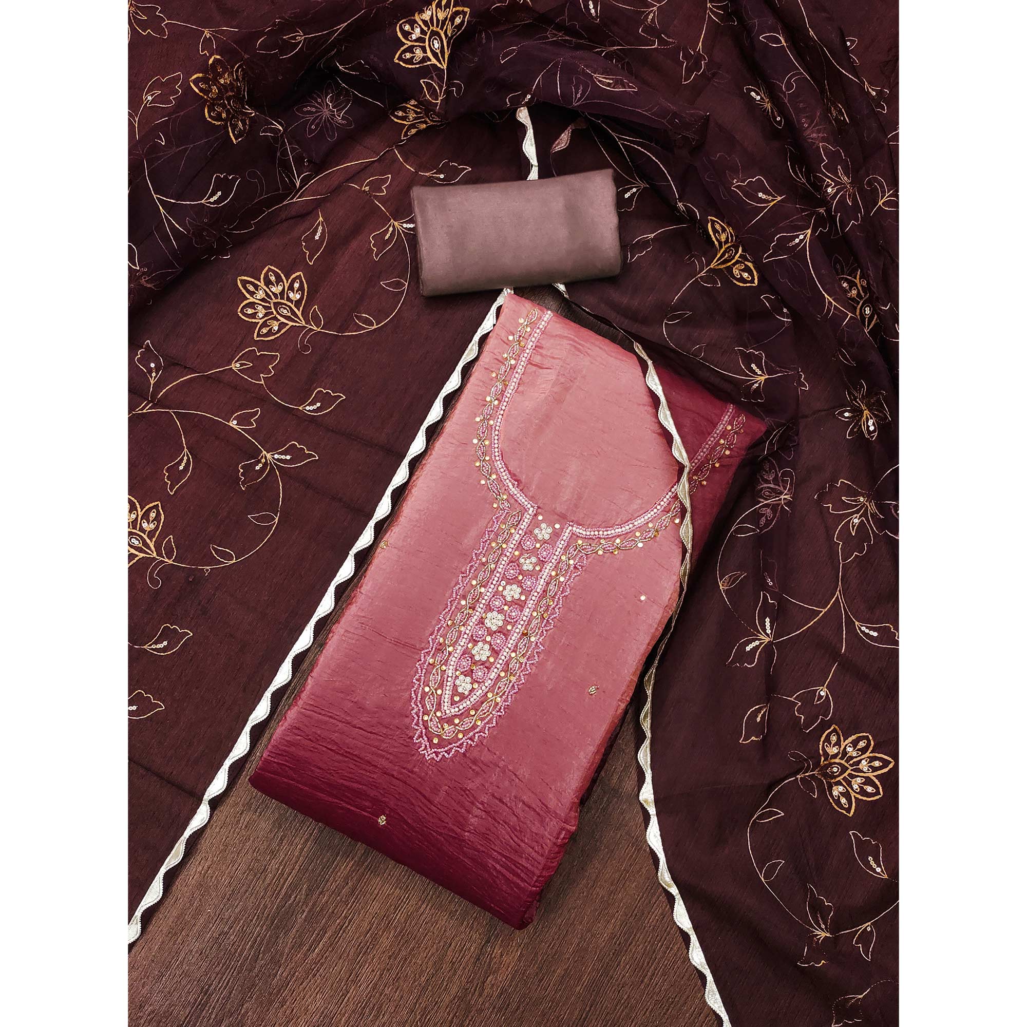 Dusty Rose  Pink Floral Handwork Viscose Dress Material - Image 3